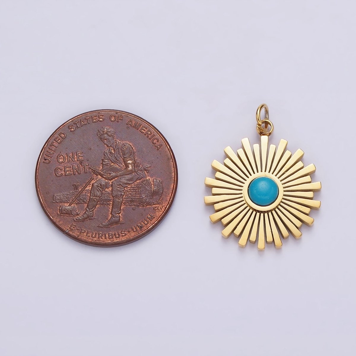 Stainless Steel Turquoise Round Sunburst Bar Celestial Sun Round Charm | P-650