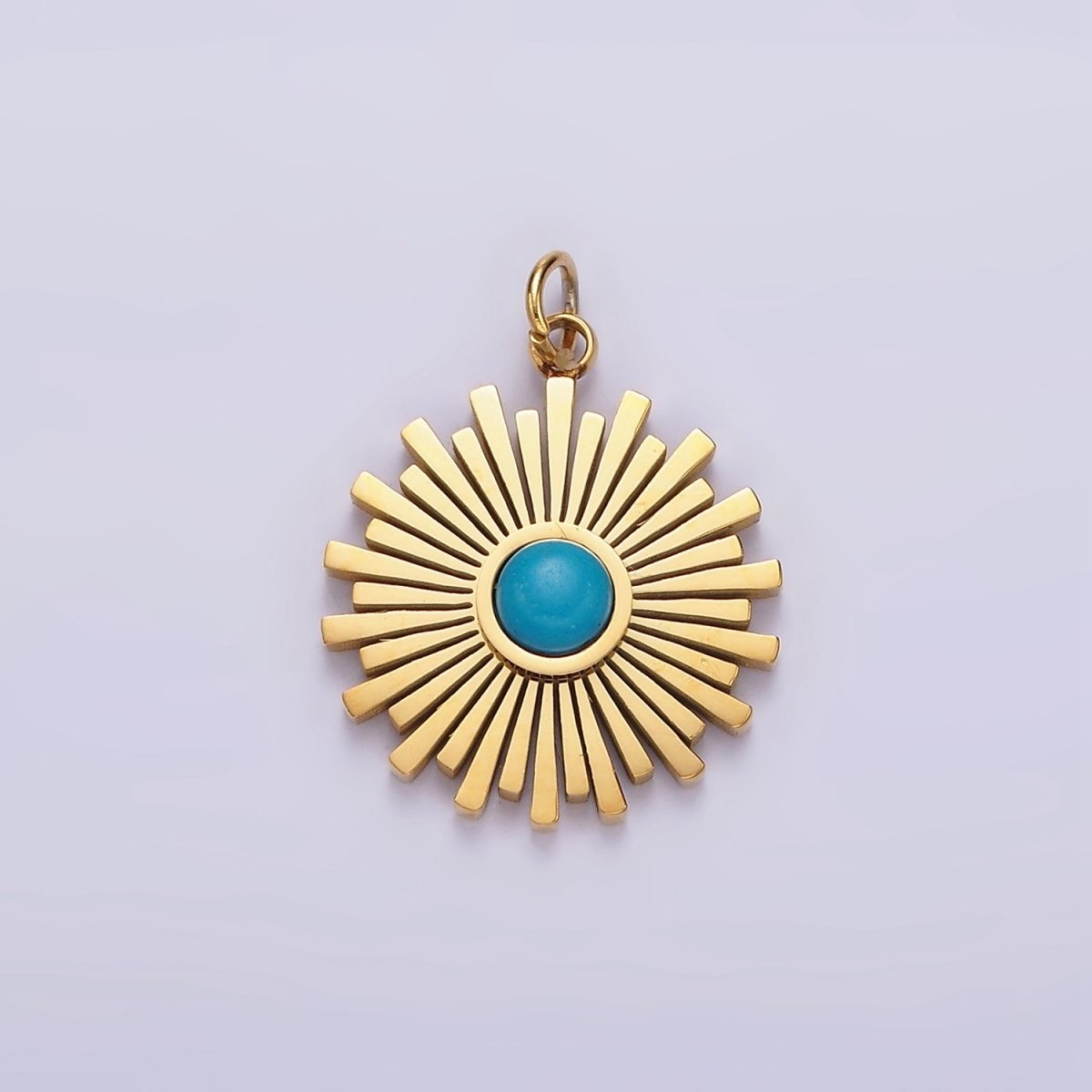 Stainless Steel Turquoise Round Sunburst Bar Celestial Sun Round Charm | P-650