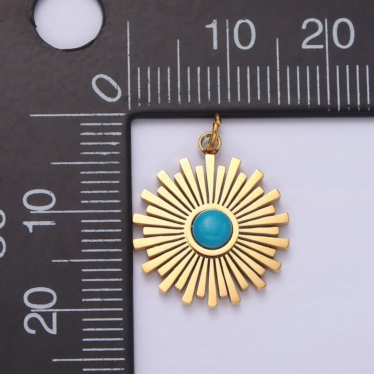 Stainless Steel Turquoise Round Sunburst Bar Celestial Sun Round Charm | P-650