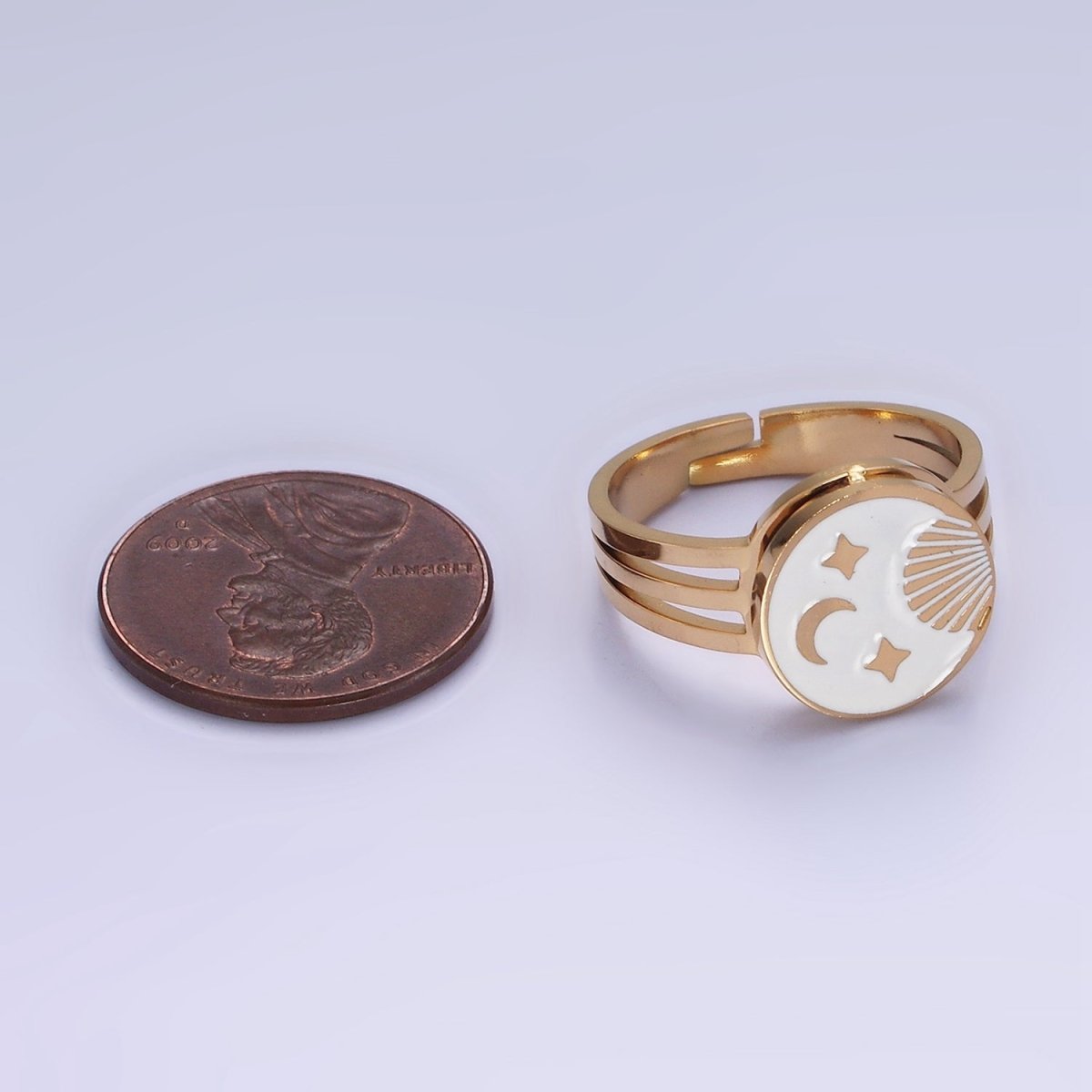 Stainless Steel White Enamel Celestial Sun Moon Stars Round Triple Band Ring | O1299