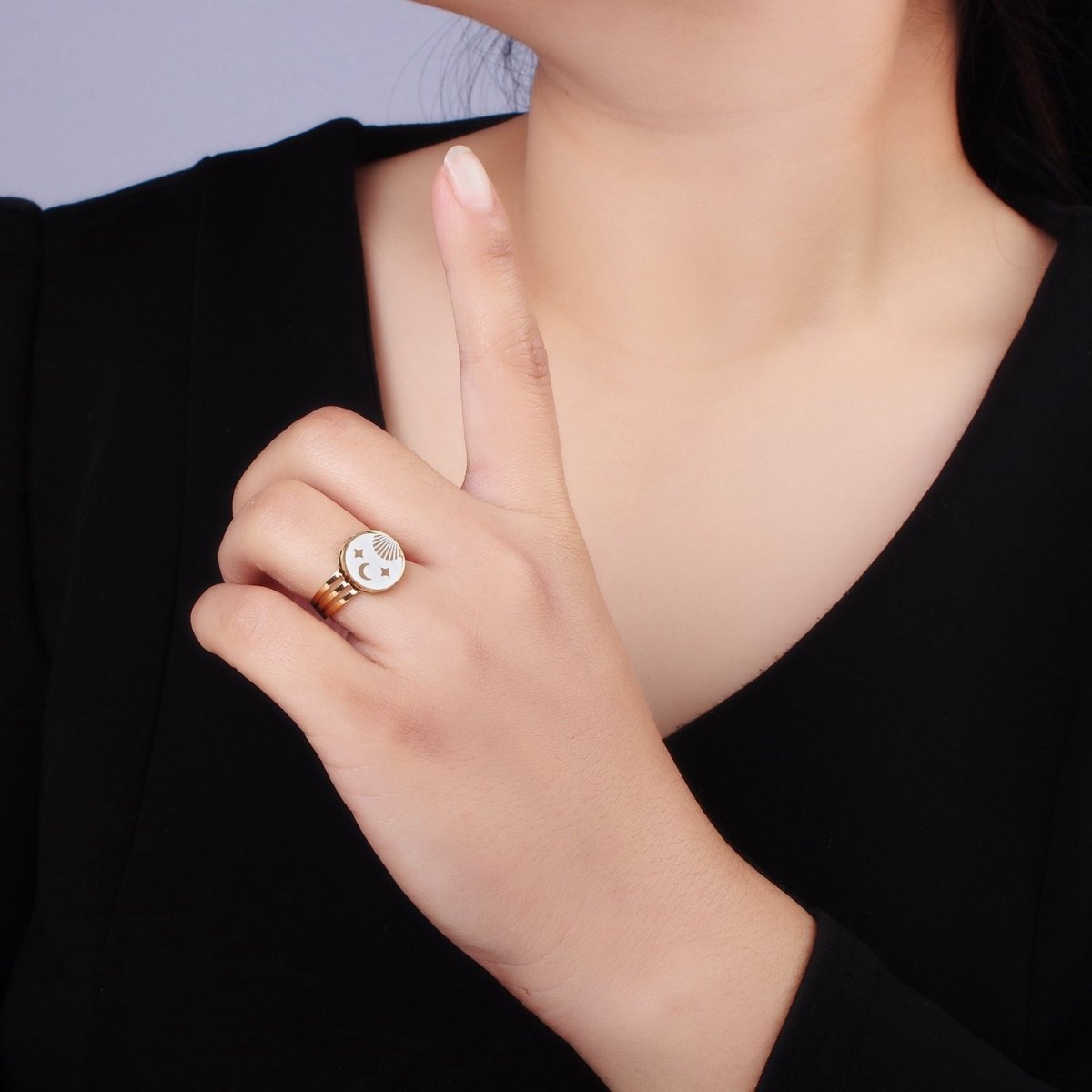 Stainless Steel White Enamel Celestial Sun Moon Stars Round Triple Band Ring | O1299