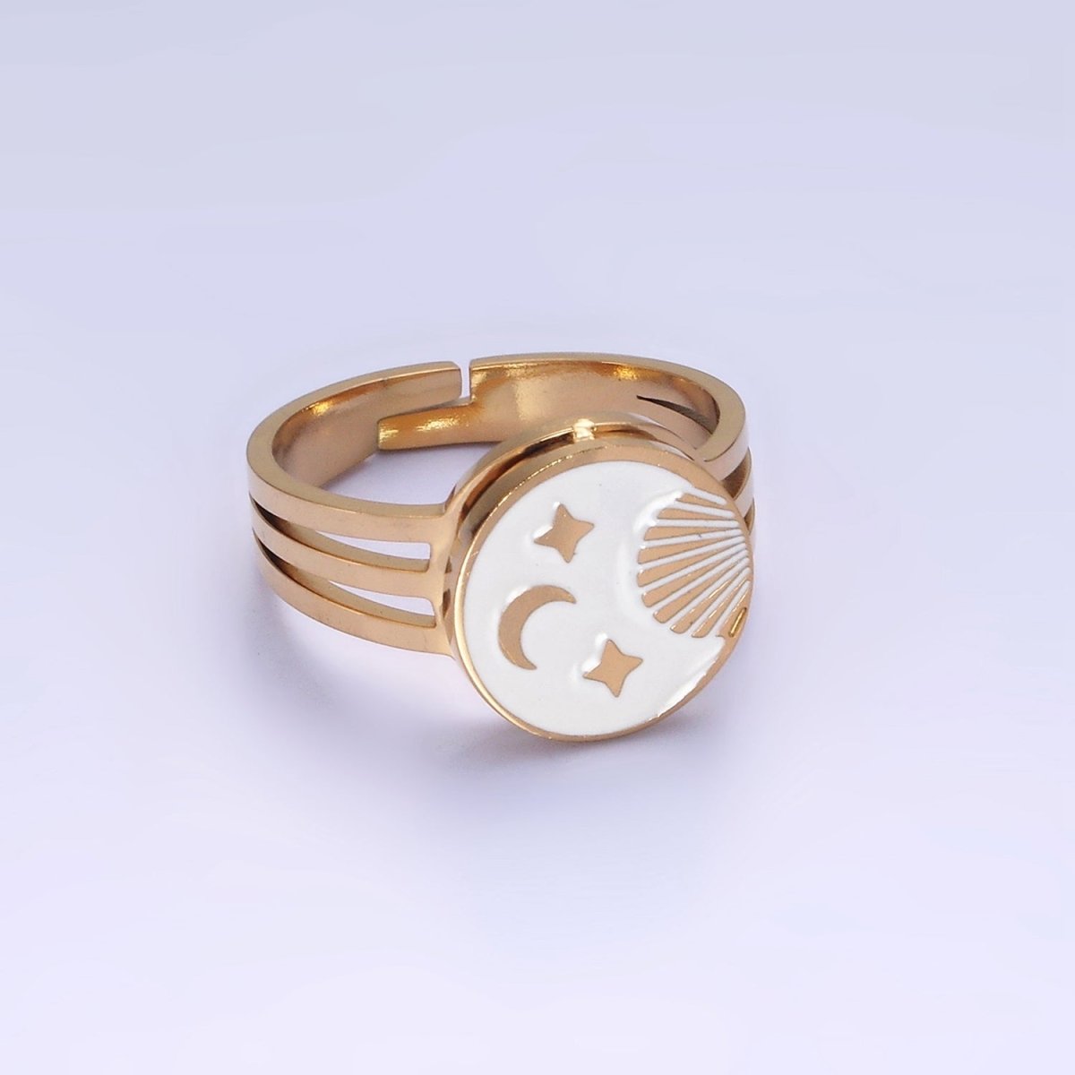 Stainless Steel White Enamel Celestial Sun Moon Stars Round Triple Band Ring | O1299