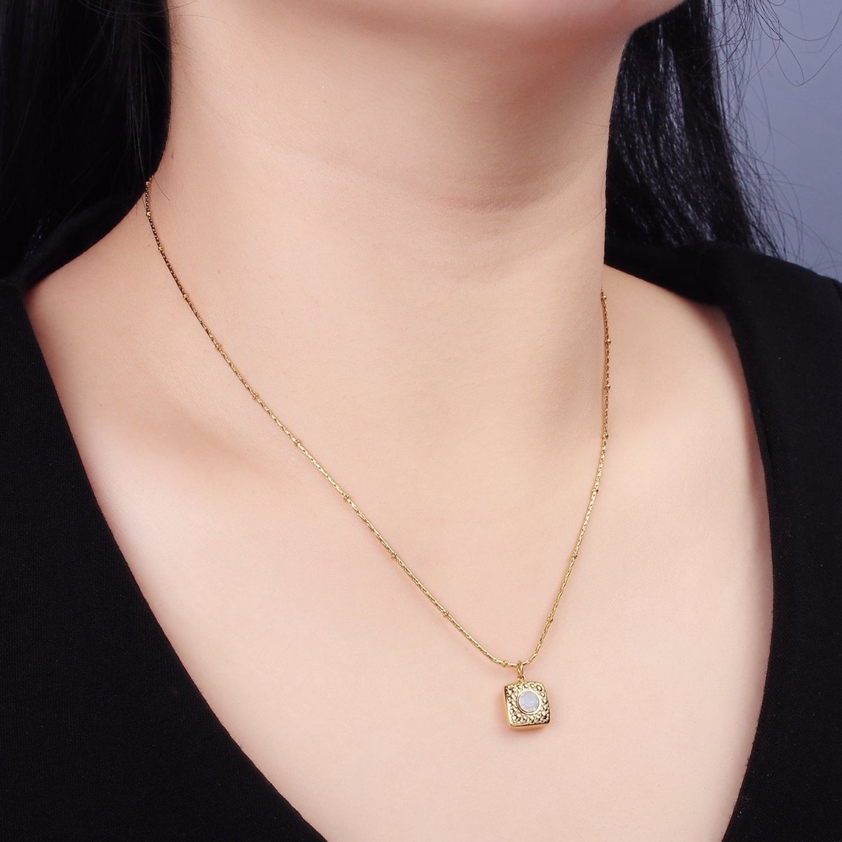 Stainless Steel White Opal Dotted Square Charm Wheat Satellite 16 Inch Choker Necklace | WA-2398