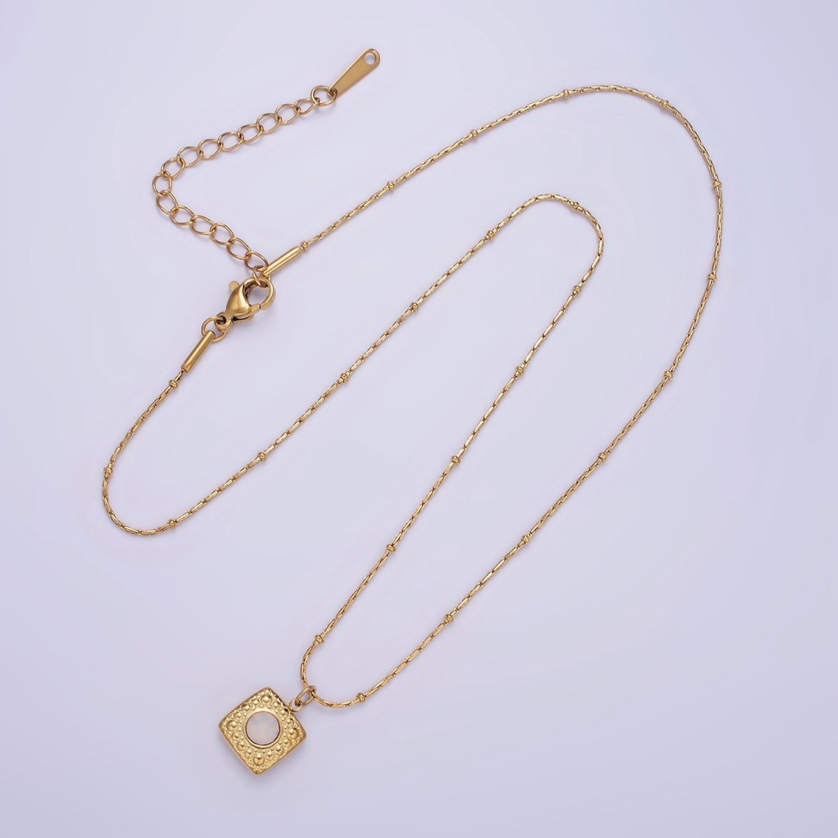 Stainless Steel White Opal Dotted Square Charm Wheat Satellite 16 Inch Choker Necklace | WA-2398