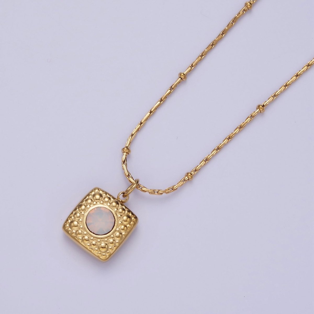 Stainless Steel White Opal Dotted Square Charm Wheat Satellite 16 Inch Choker Necklace | WA-2398