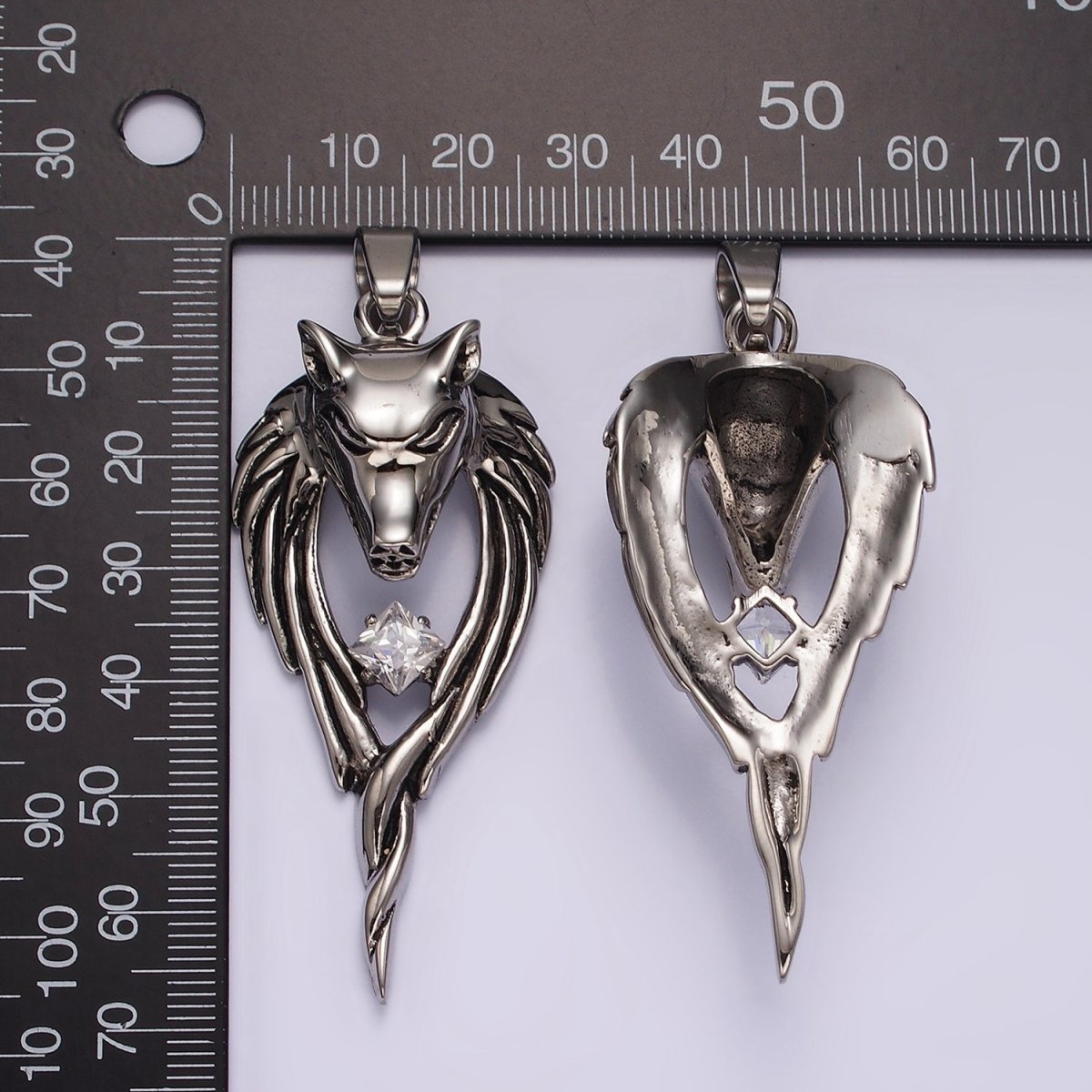 Stainless Steel Wolf Head Wings Open Clear CZ Rhombus Pendant | P873