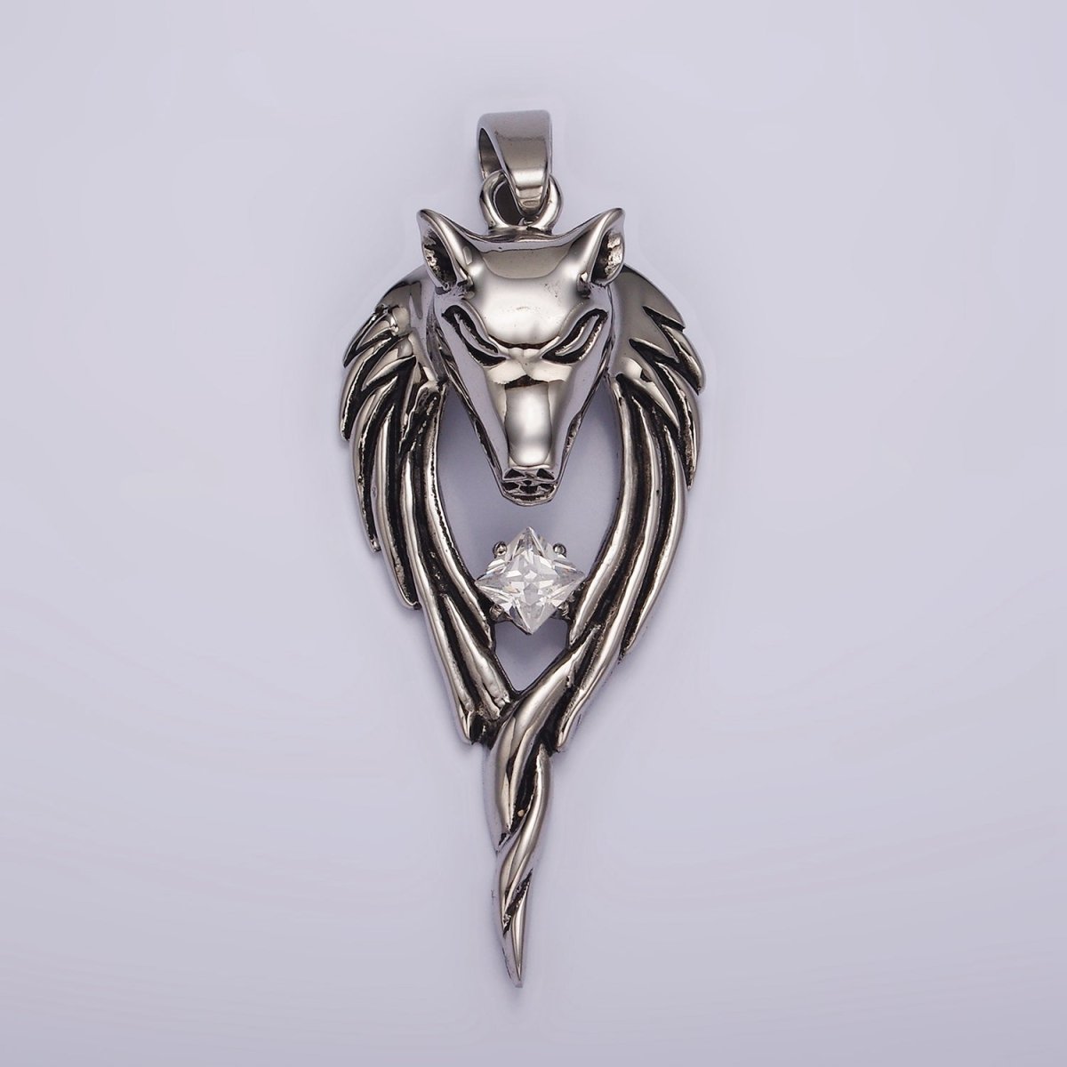 Stainless Steel Wolf Head Wings Open Clear CZ Rhombus Pendant | P873