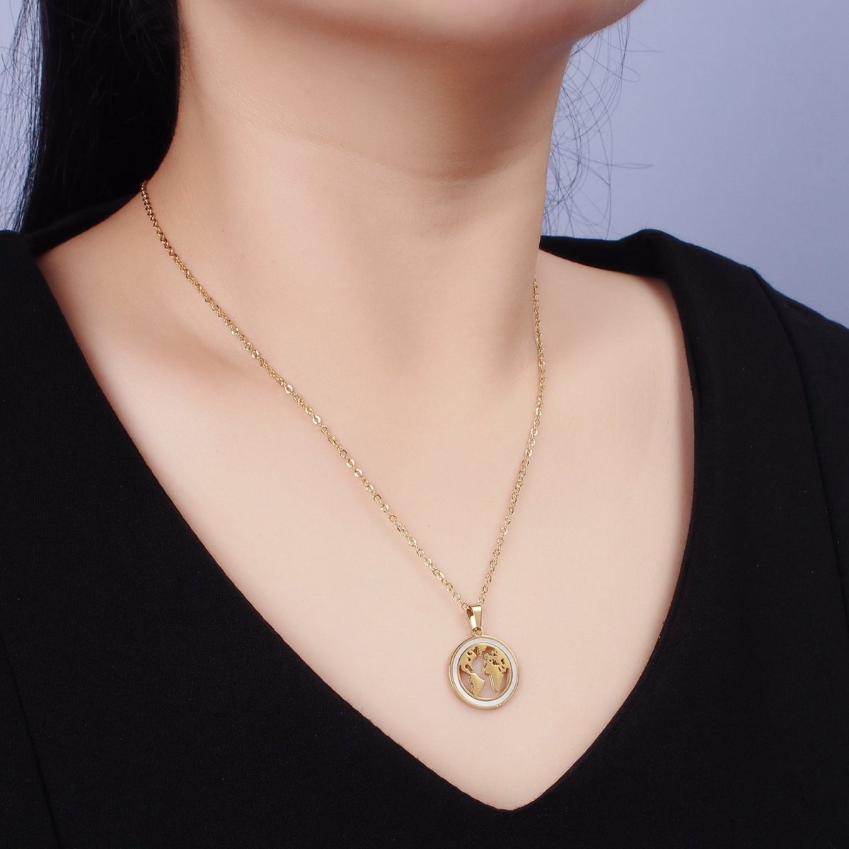 Stainless Steel World Map Shell Pearl Lined Open Round Medallion Pendant Sunburst Cable 17 Inch Chain Necklace | WA-2067 Clearance Pricing