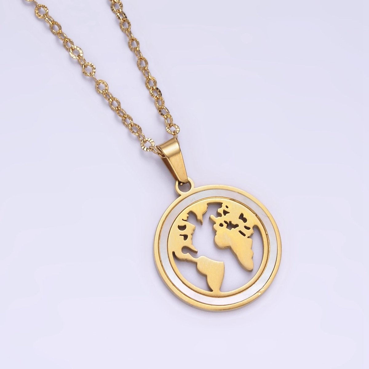 Stainless Steel World Map Shell Pearl Lined Open Round Medallion Pendant Sunburst Cable 17 Inch Chain Necklace | WA-2067 Clearance Pricing