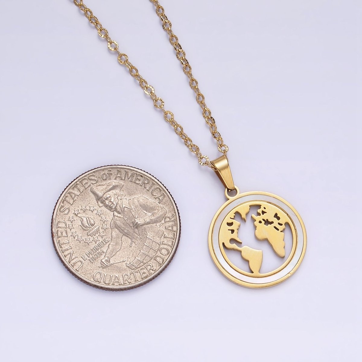 Stainless Steel World Map Shell Pearl Lined Open Round Medallion Pendant Sunburst Cable 17 Inch Chain Necklace | WA-2067 Clearance Pricing
