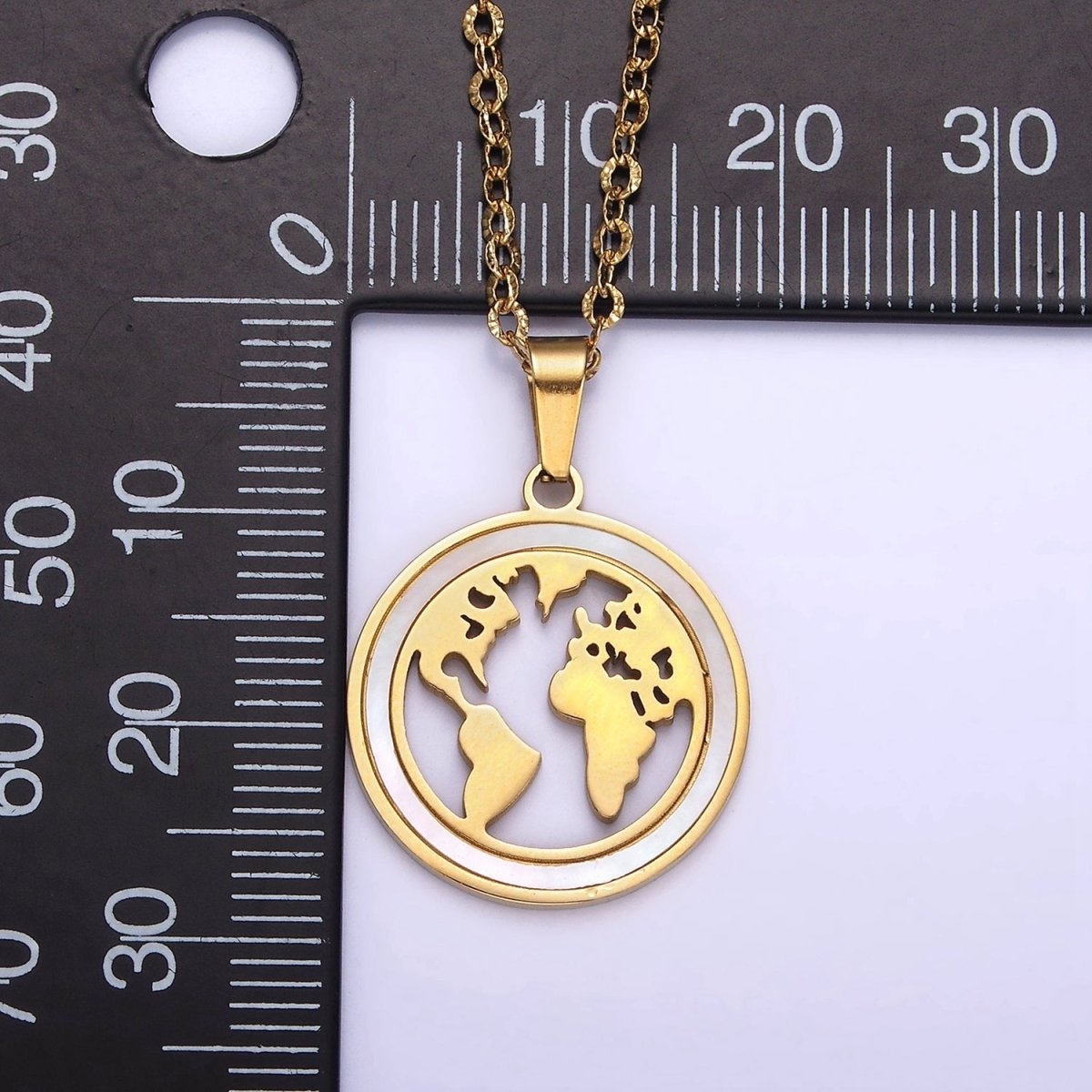 Stainless Steel World Map Shell Pearl Lined Open Round Medallion Pendant Sunburst Cable 17 Inch Chain Necklace | WA-2067 Clearance Pricing