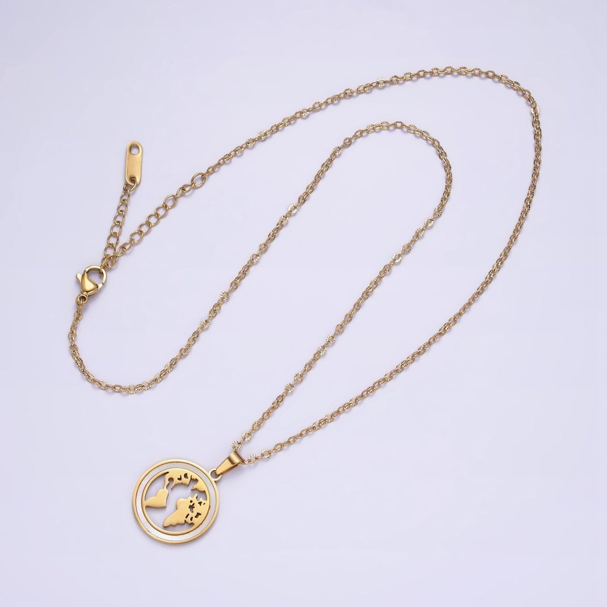 Stainless Steel World Map Shell Pearl Lined Open Round Medallion Pendant Sunburst Cable 17 Inch Chain Necklace | WA-2067 Clearance Pricing