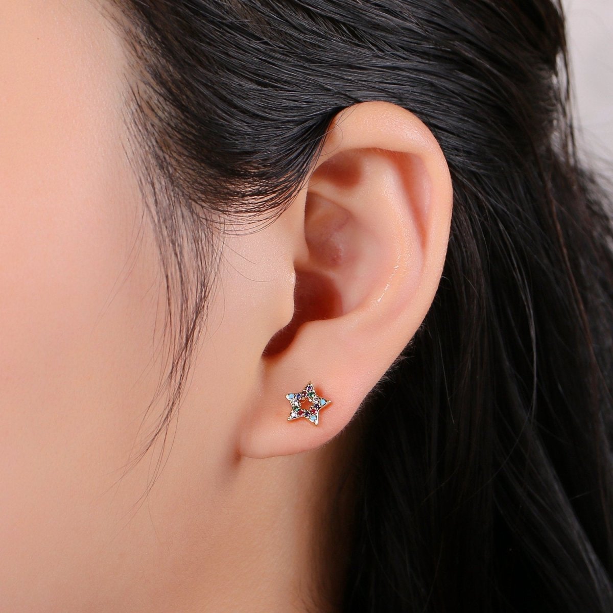 Star eStud Earring | Gold Star Earring | Five Star Stud Earring With Cubic Zirconia Celestial Jewelry Minimalist jewelry Q-253