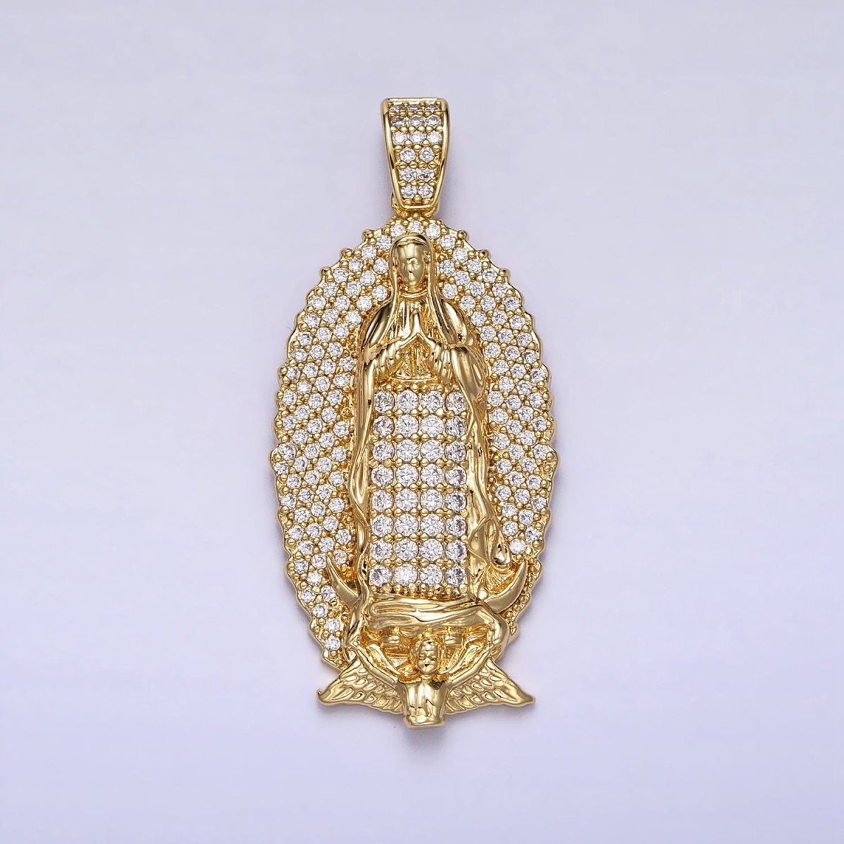 Statement 14K Gold Filled Lady Guadalupe Oval Pendant Gold Virgin Mary Charm Micro Pave Religious Jewelry AA-300