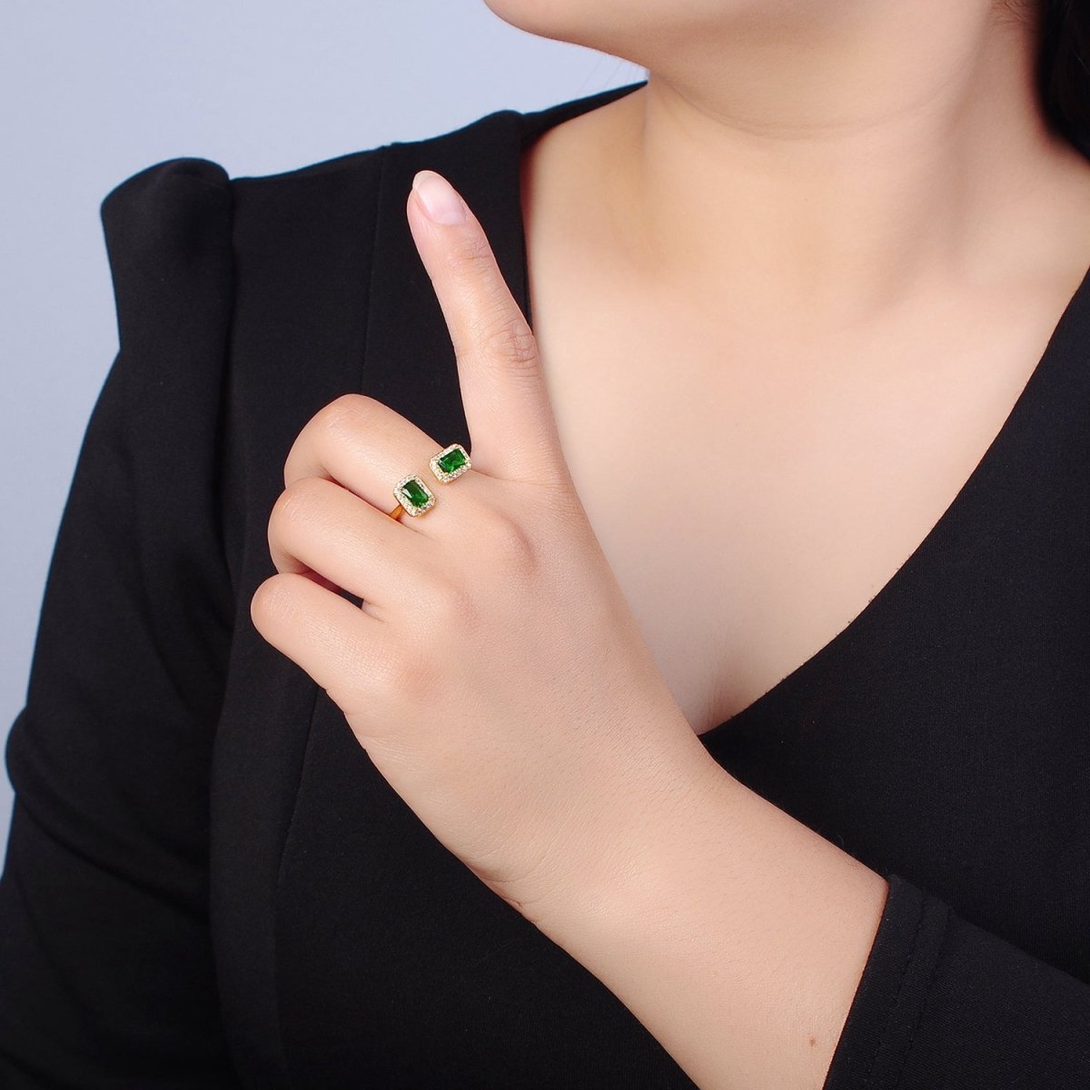Statement Gold Emerald Cut Green CZ Ring Open Adjustable O-2183
