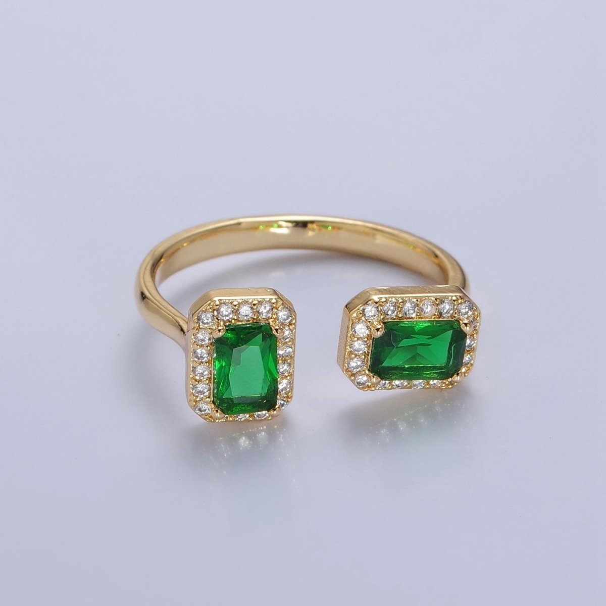 Statement Gold Emerald Cut Green CZ Ring Open Adjustable O-2183