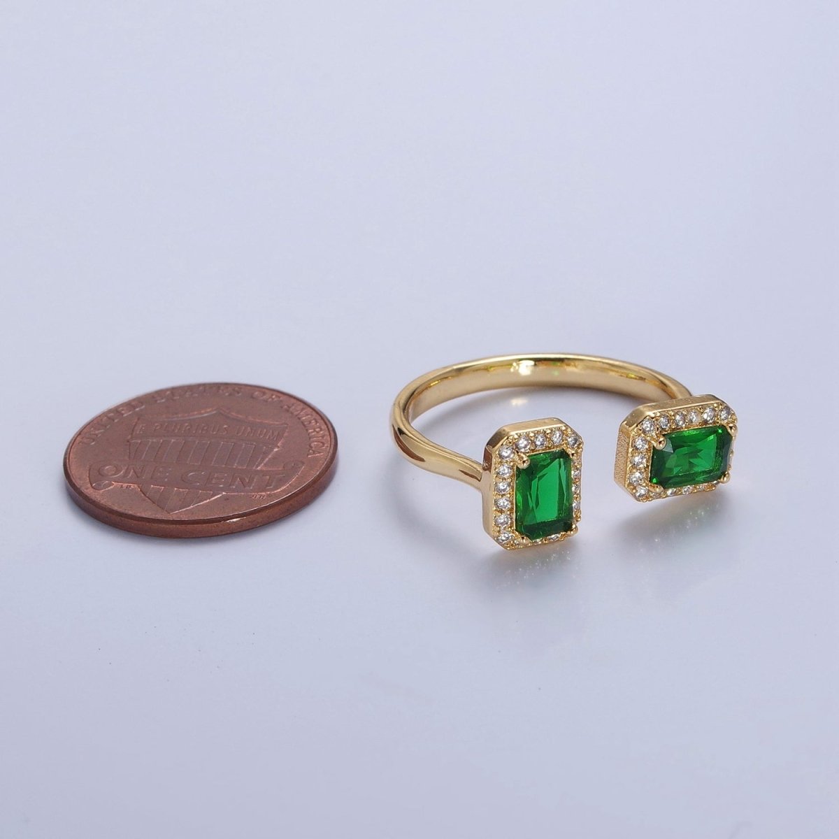 Statement Gold Emerald Cut Green CZ Ring Open Adjustable O-2183