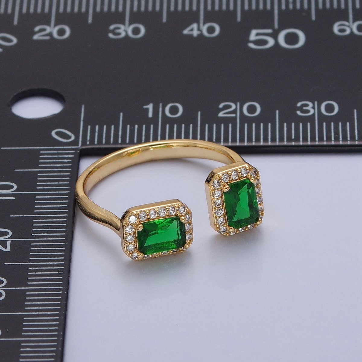 Statement Gold Emerald Cut Green CZ Ring Open Adjustable O-2183