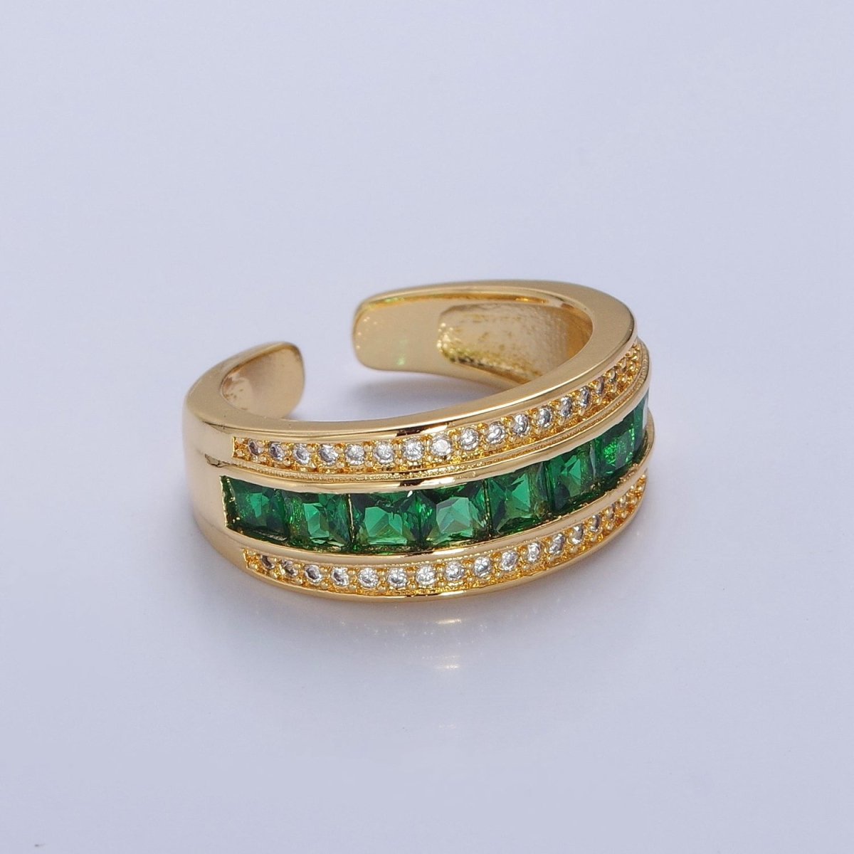 Statement Gold Emerald Green CZ Ring Open Adjustable O-2181