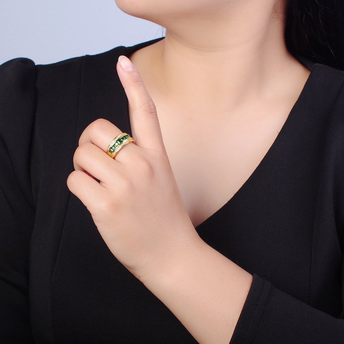 Statement Gold Emerald Green CZ Ring Open Adjustable O-2181