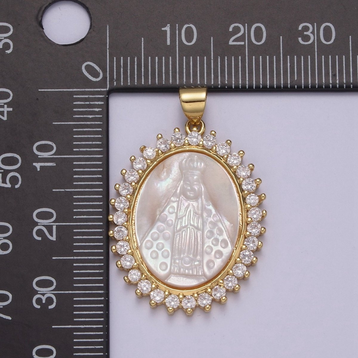 Statement Gold Filled Cubic Zirconia Bezeled Mother Of Pearl Virgin Mary Lady of Guadalupe Pendant Necklace for Religious Jewelry Making N-574