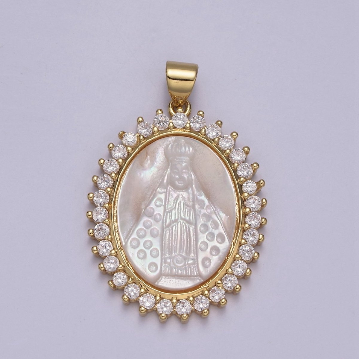 Statement Gold Filled Cubic Zirconia Bezeled Mother Of Pearl Virgin Mary Lady of Guadalupe Pendant Necklace for Religious Jewelry Making N-574