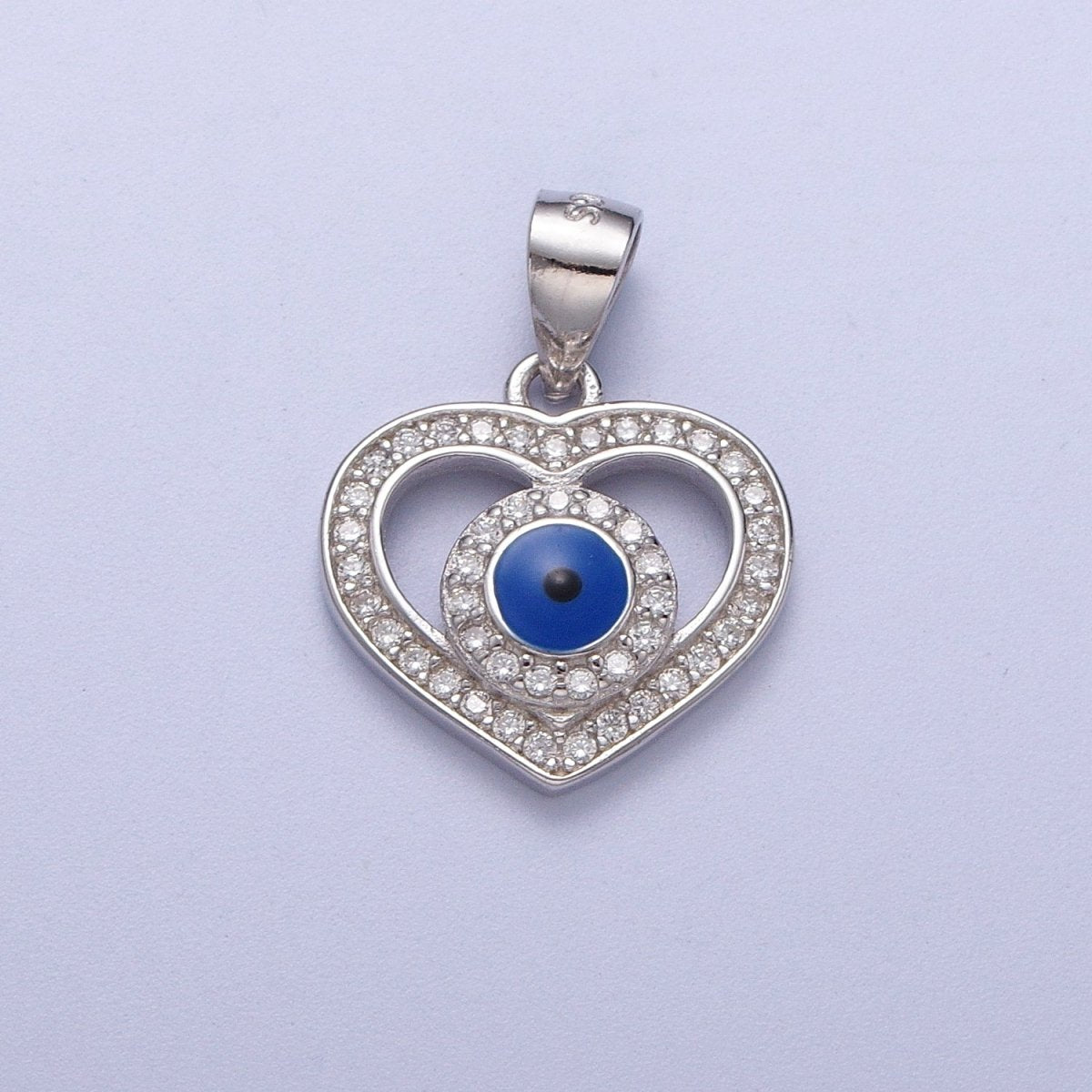Sterling Silver Blue Evil Eye Pendant Cubic Zirconia Heart Charm For Protection Jewelry SL-405