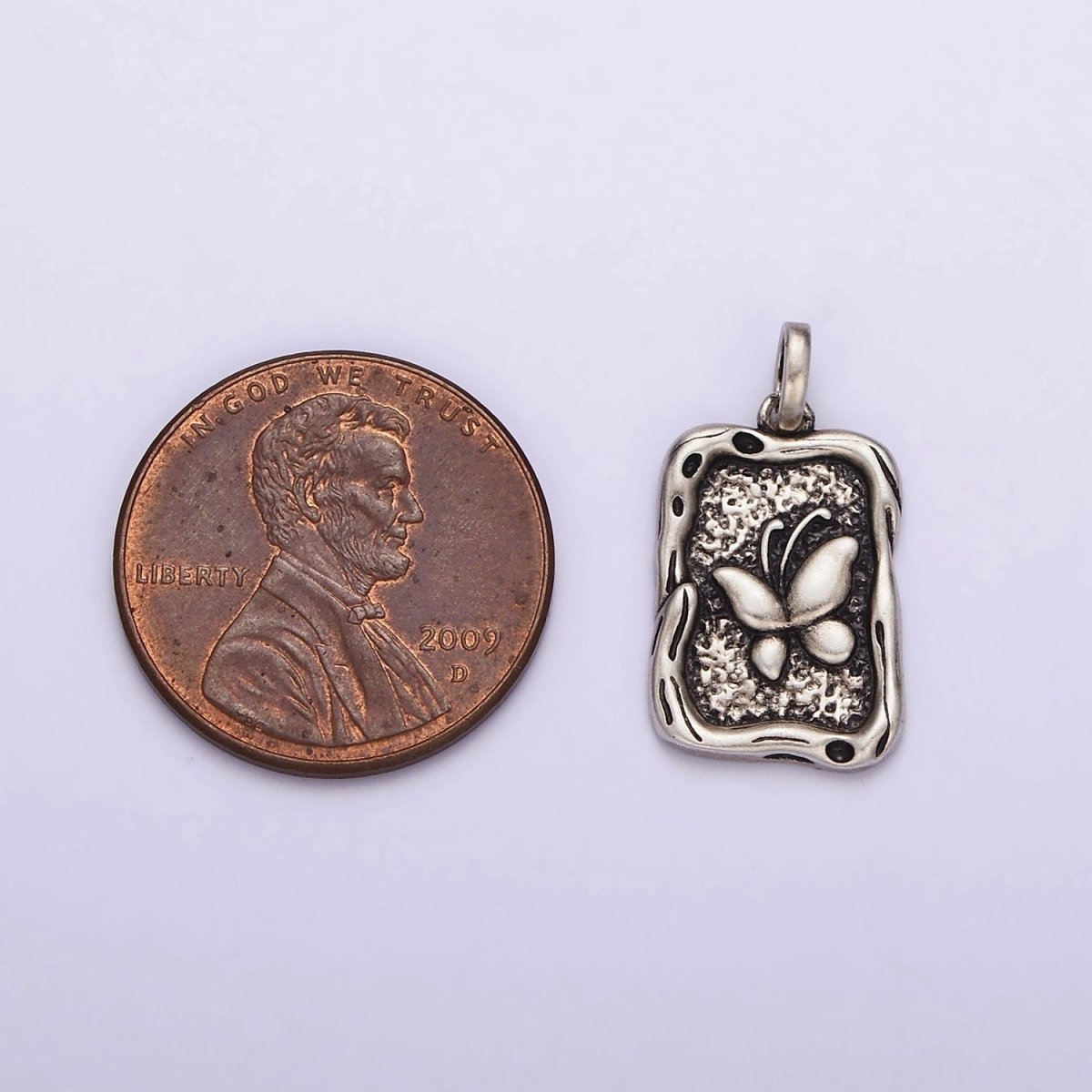Sterling Silver S925 Butterfly Textured Hammered Rectangular Stamped Pendant | SL-330