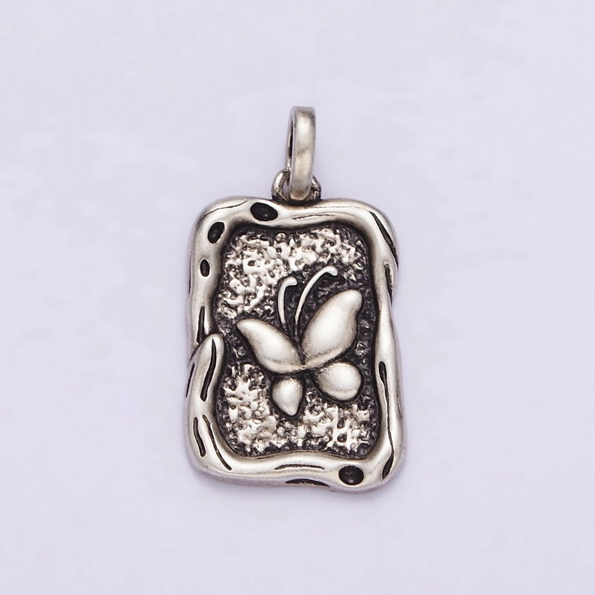 Sterling Silver S925 Butterfly Textured Hammered Rectangular Stamped Pendant | SL-330