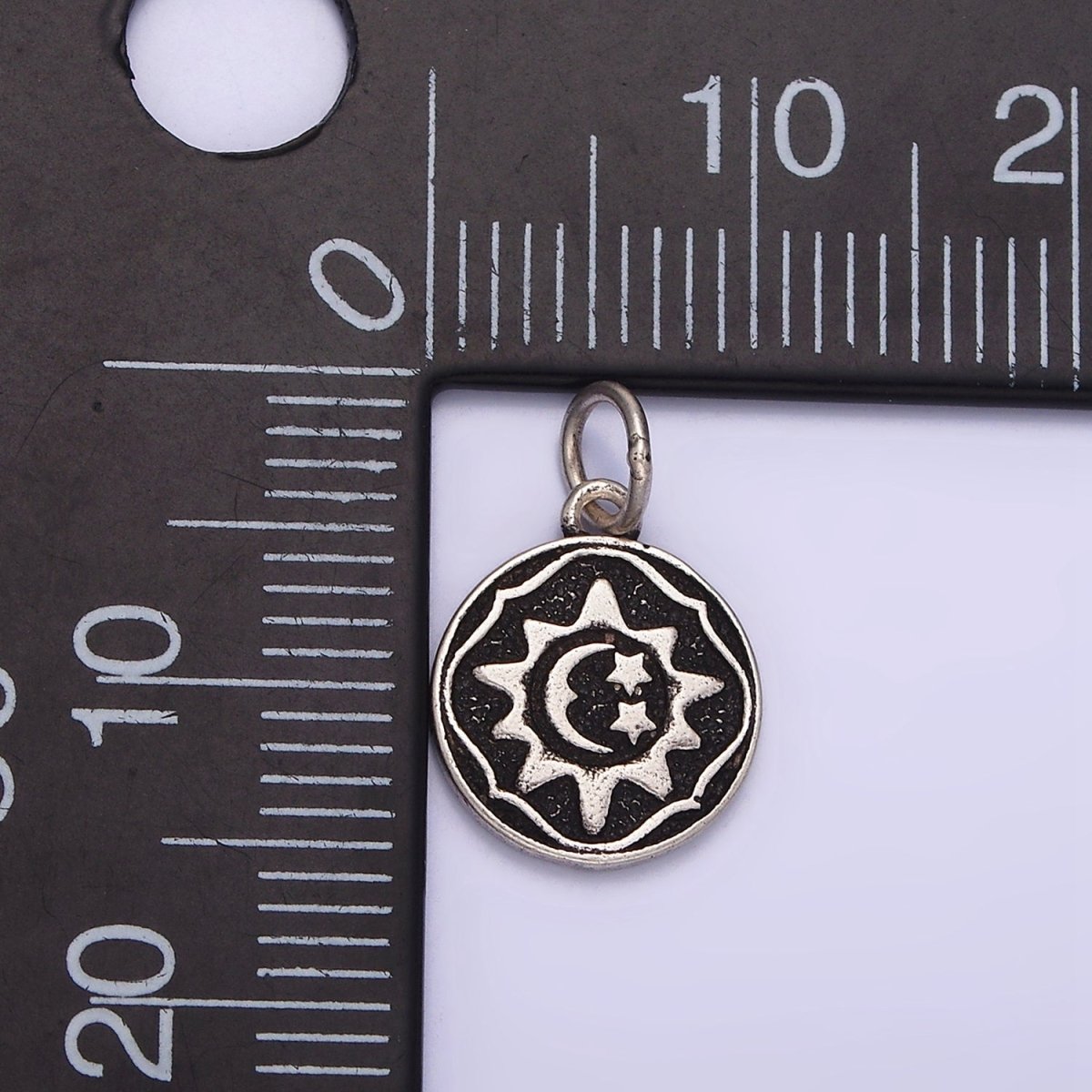 Sterling Silver S925 Celestial Sun Star Crescent Moon Round Coin Charm | SL-343
