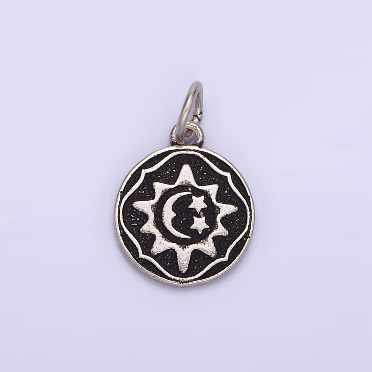 Sterling Silver S925 Celestial Sun Star Crescent Moon Round Coin Charm | SL-343