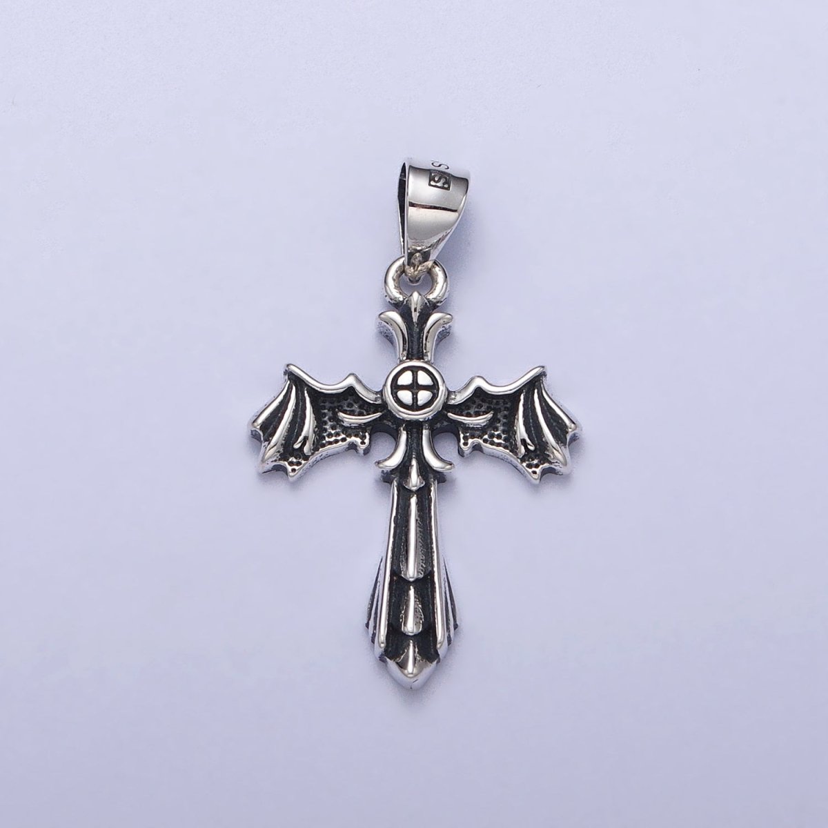 Sterling Silver S925 Gothic Fleury Cross Bat Wings Pendant | SL-396