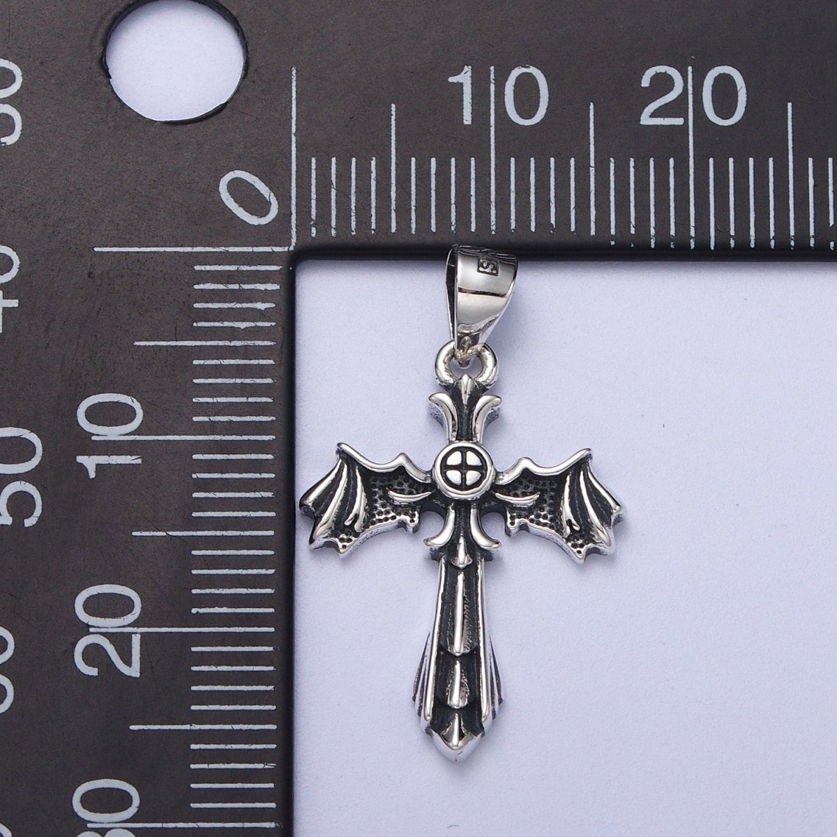Sterling Silver S925 Gothic Fleury Cross Bat Wings Pendant | SL-396