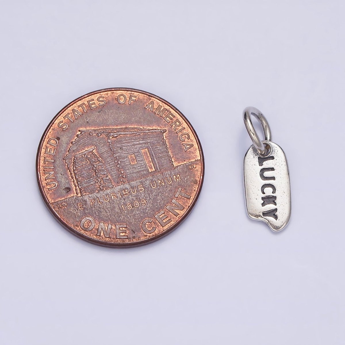 Sterling Silver S925 "LUCKY" Script Engraved Mini Snapped Abstract Tag Charm | SL-277