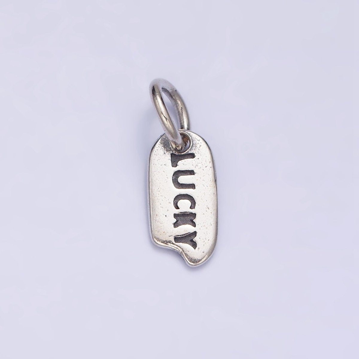 Sterling Silver S925 "LUCKY" Script Engraved Mini Snapped Abstract Tag Charm | SL-277