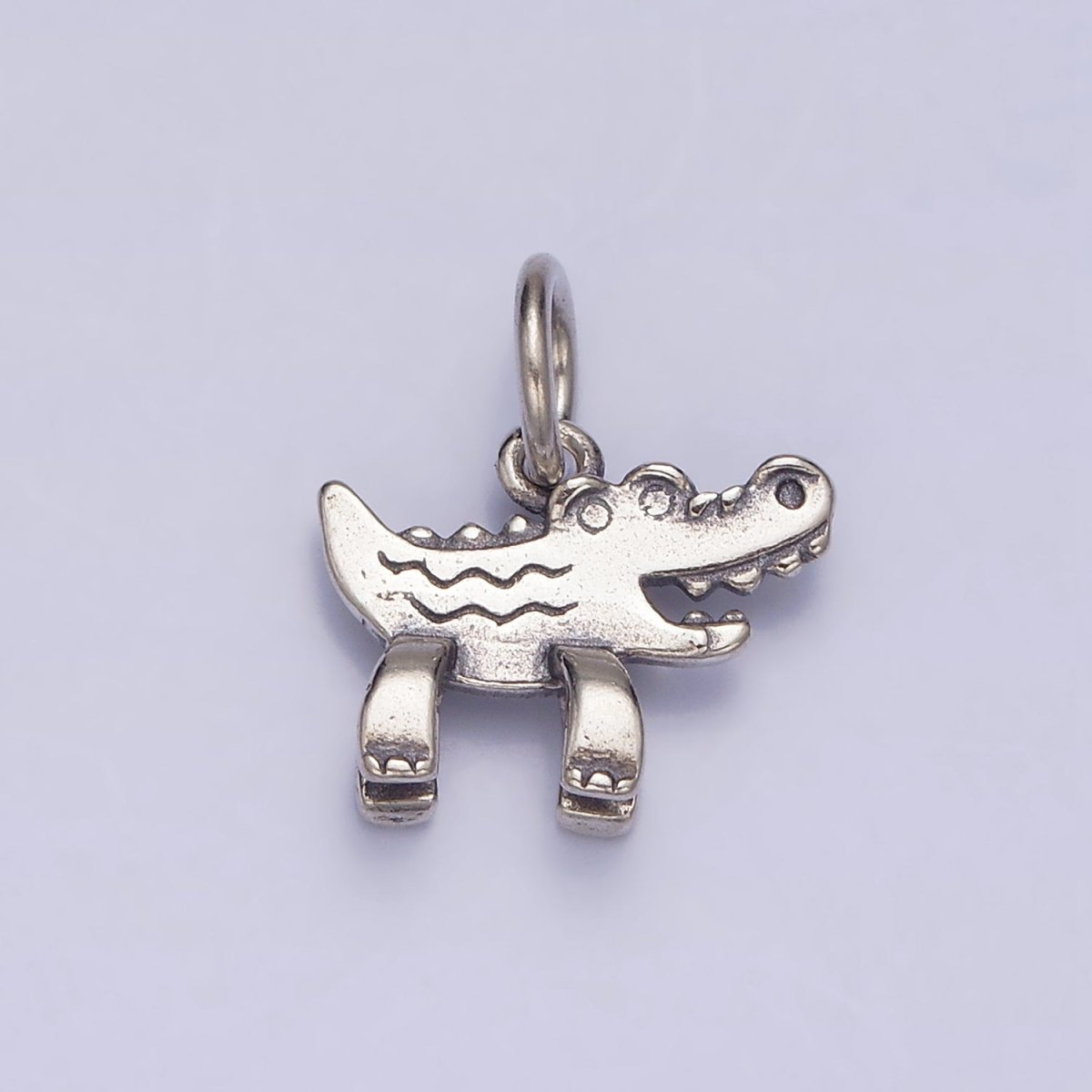 Sterling Silver S925 Smiling Alligator Crocodile Line Scaled Textured Animal Charm | SL-287