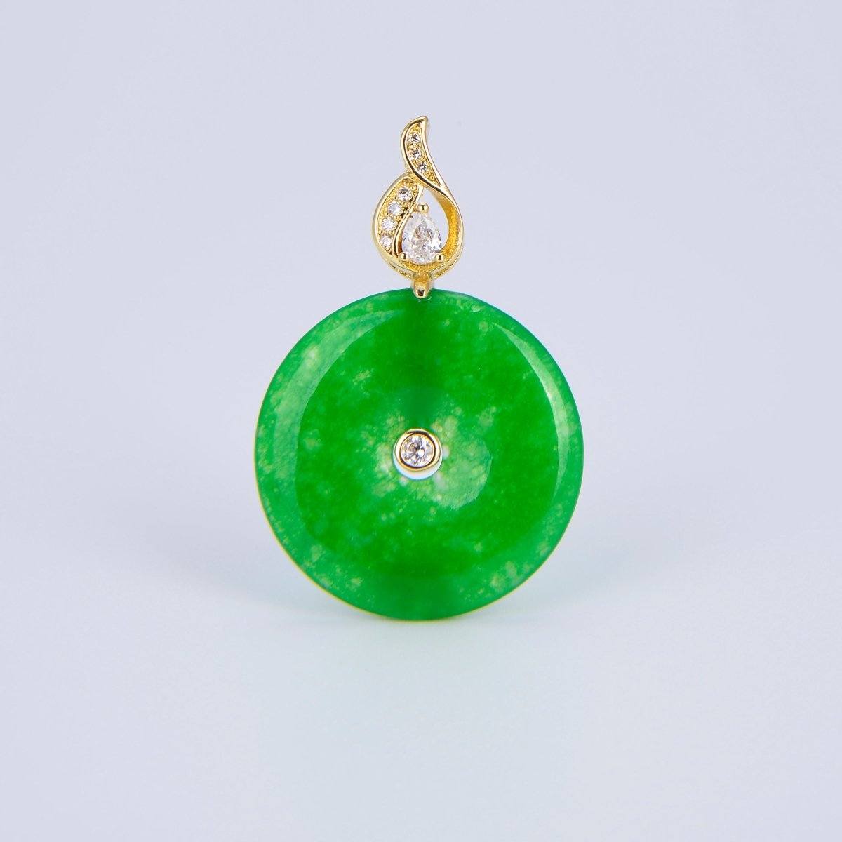 Stunning Chinese Green Donut Charm Green Jade Pendant Lucky Stone with Gold Eternity Swirl Bail for Necklace Supply AH-312