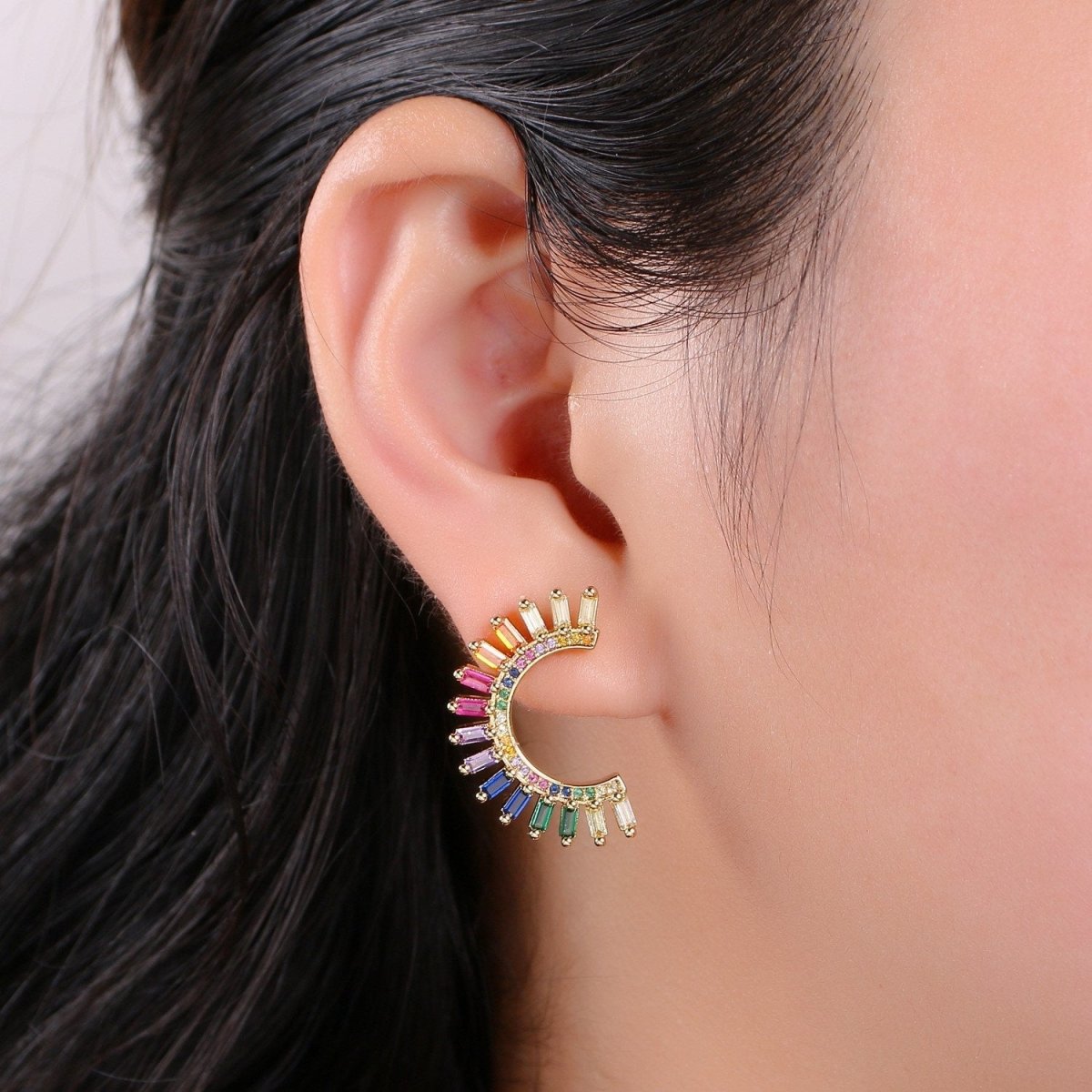 Super Cute Rainbow Studs • Moon Rainbow Earrings • Gold Multi Color Stone Earrings • Fan Studs • Kawaii Style Statement Earring Q-314