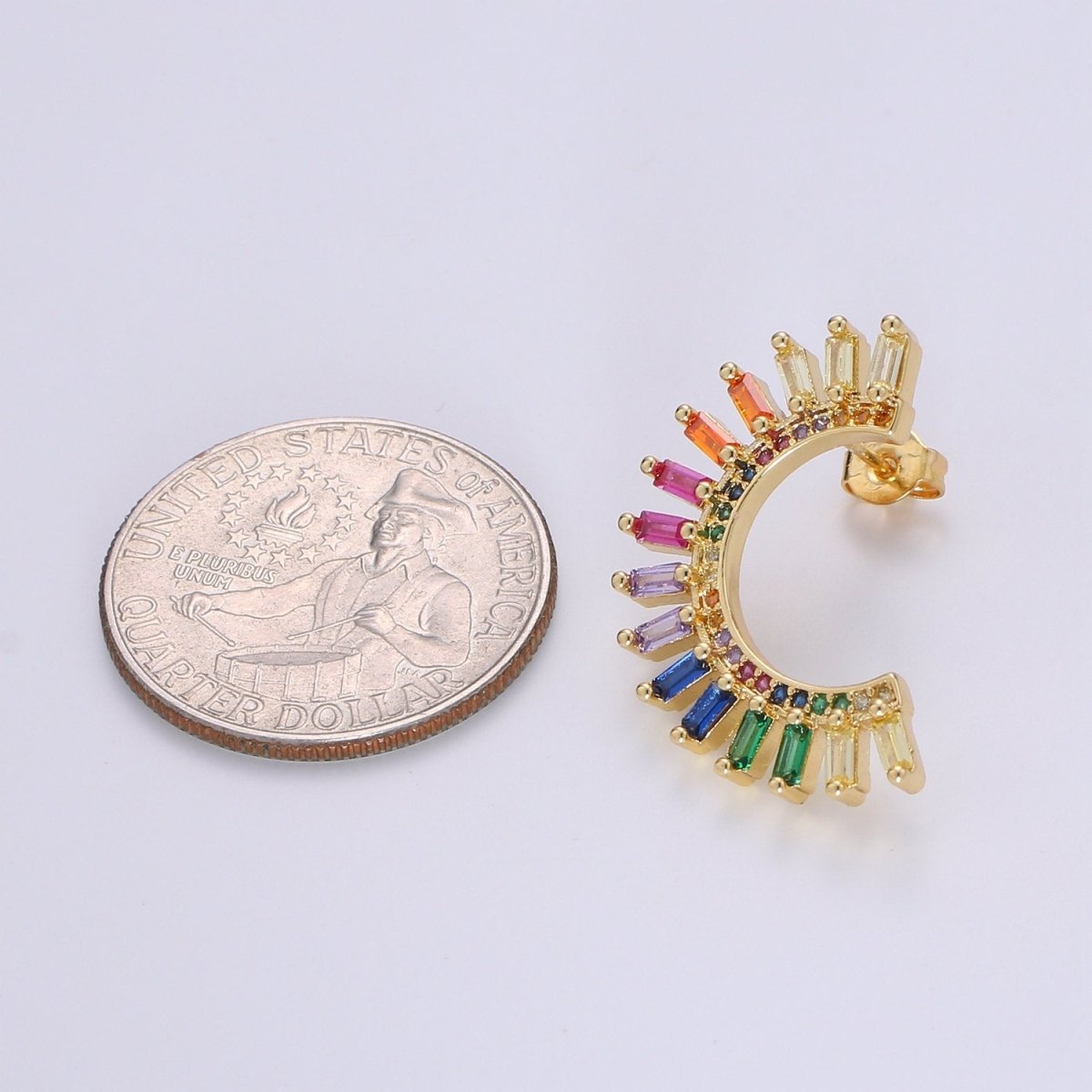 Super Cute Rainbow Studs • Moon Rainbow Earrings • Gold Multi Color Stone Earrings • Fan Studs • Kawaii Style Statement Earring Q-314