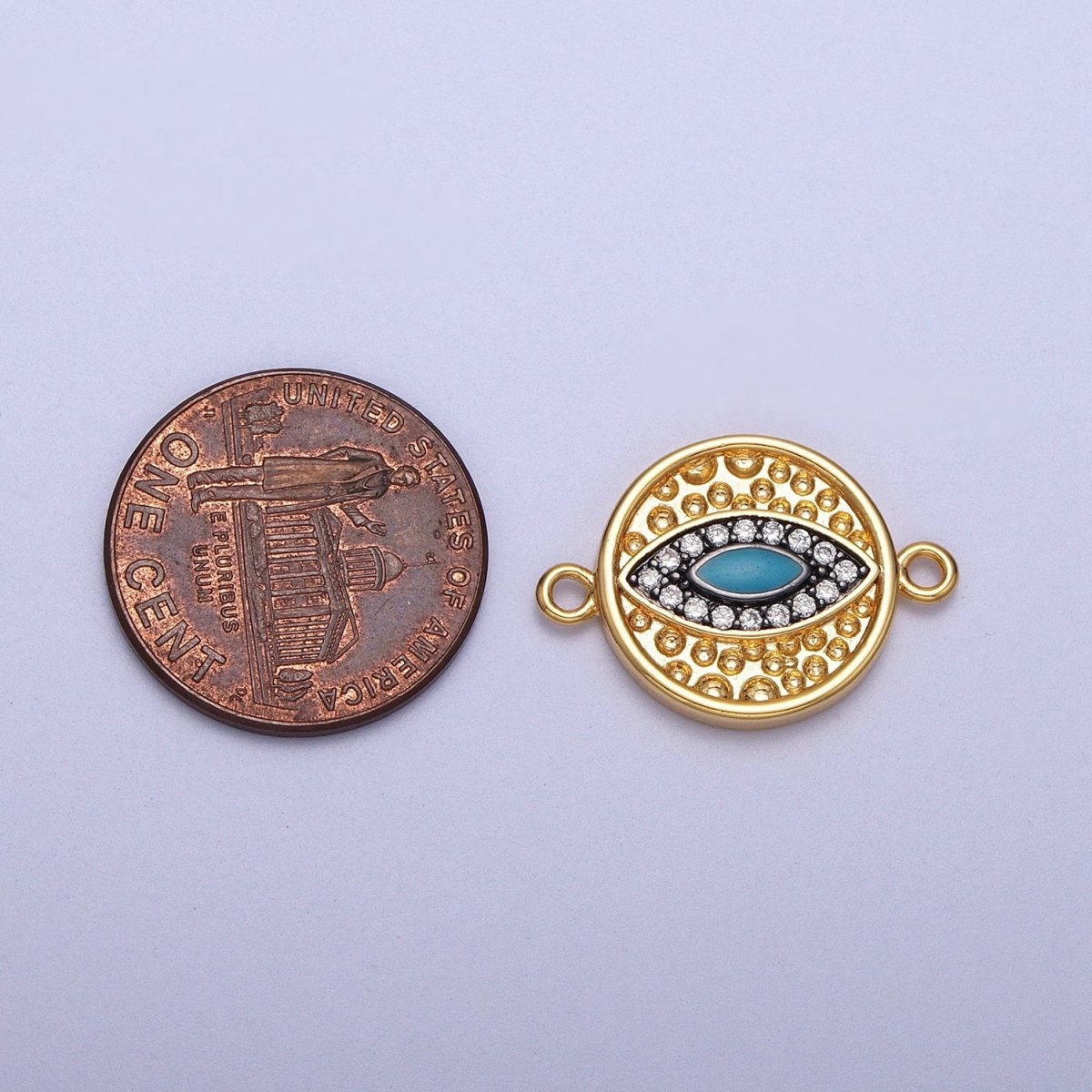 Teal Evil Eye Micro Paved Dotted Abstract Round Gold Connector | Y-647