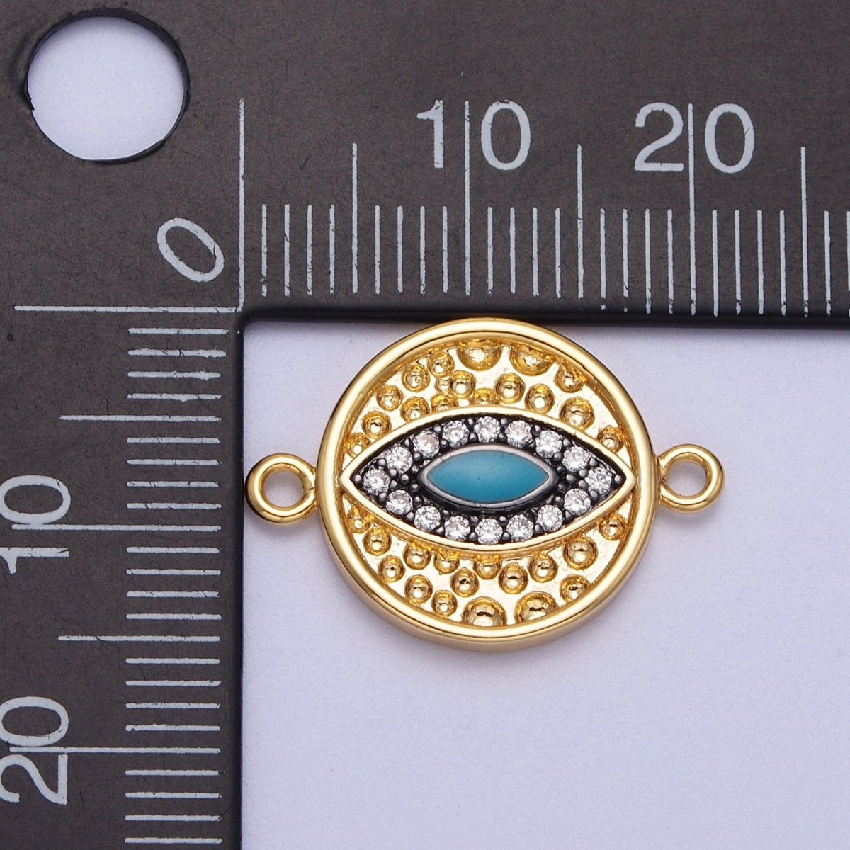 Teal Evil Eye Micro Paved Dotted Abstract Round Gold Connector | Y-647