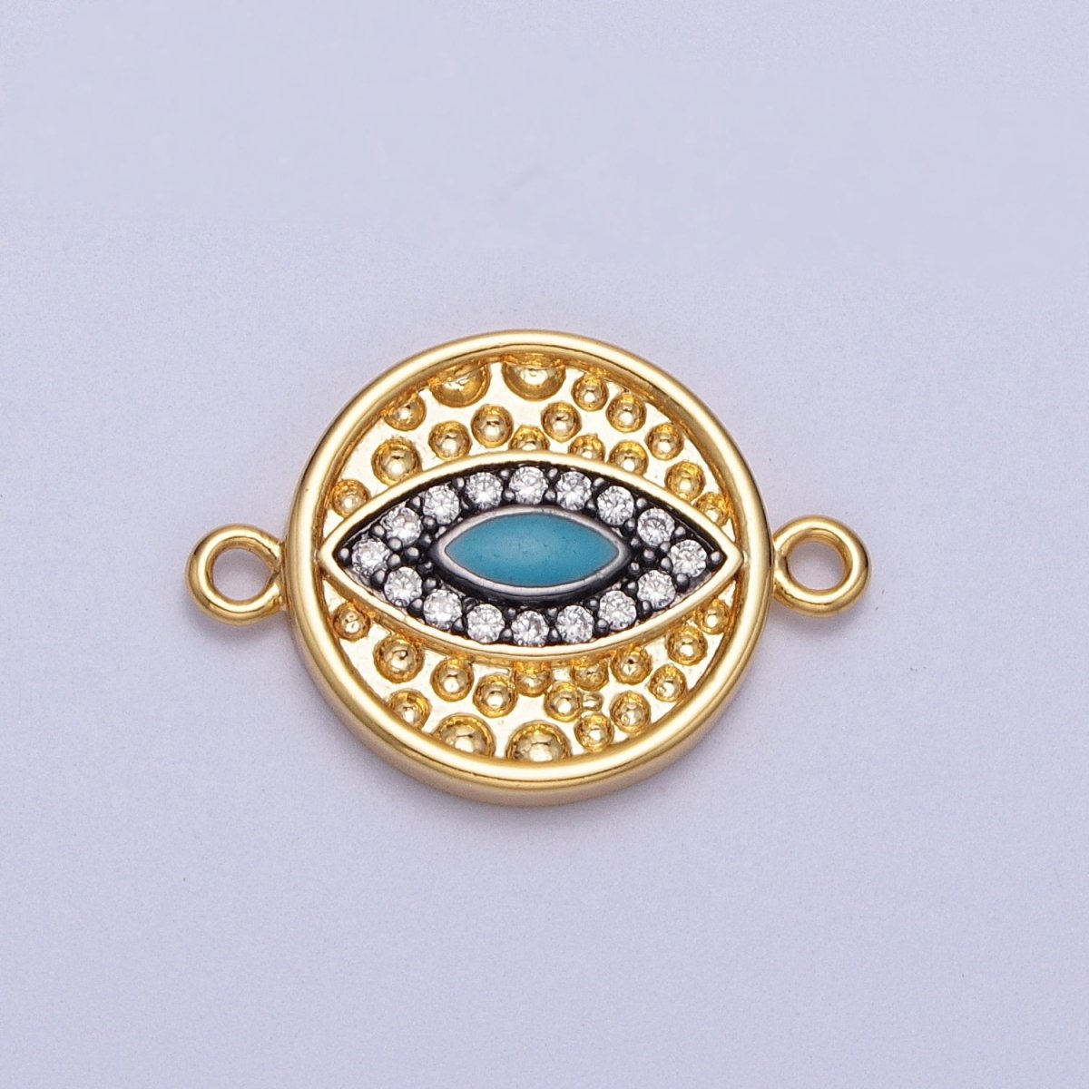Teal Evil Eye Micro Paved Dotted Abstract Round Gold Connector | Y-647