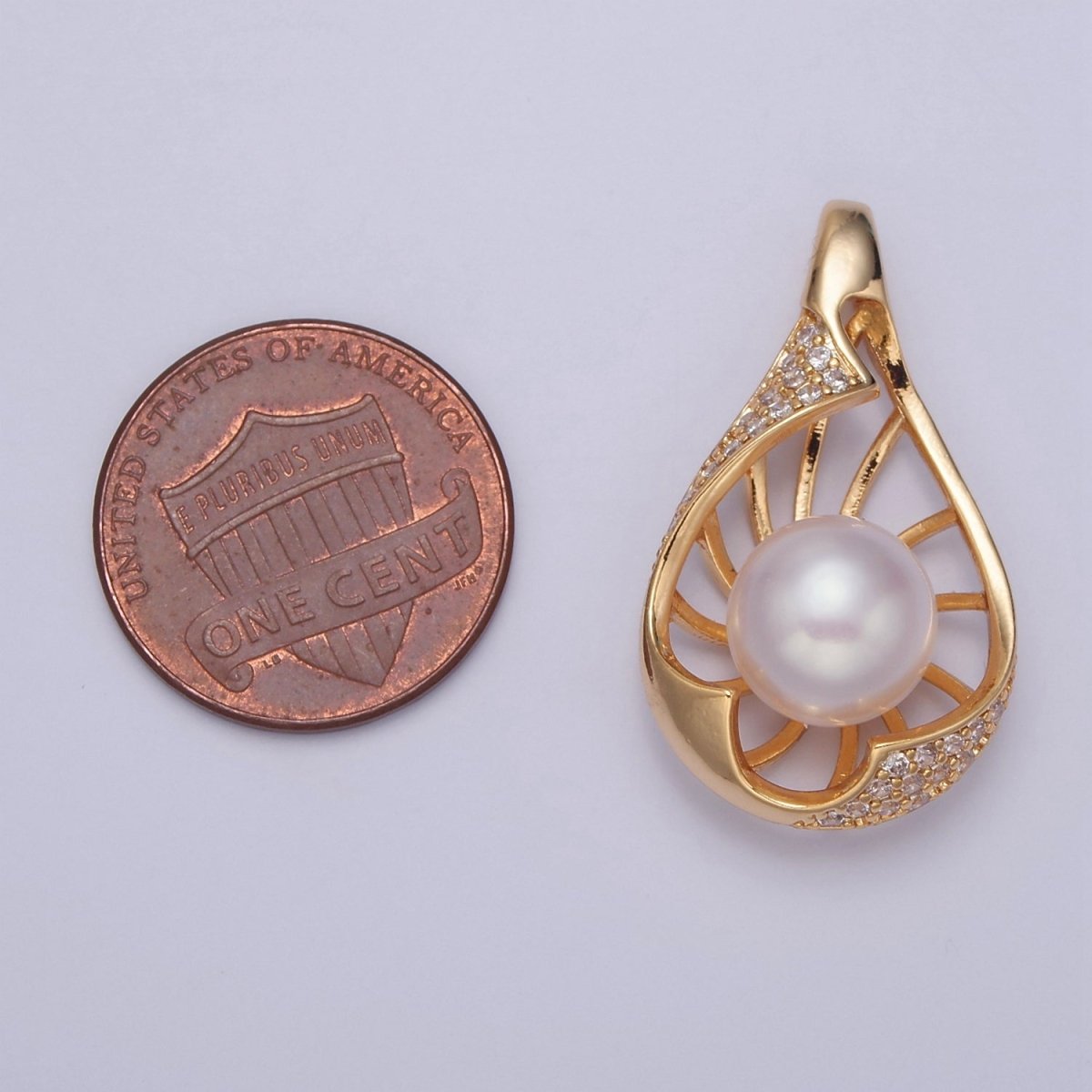 Tear Drop Pave Genuine Shell Pearl Pendant Minimalist Bridal Wedding Jewelry I-041