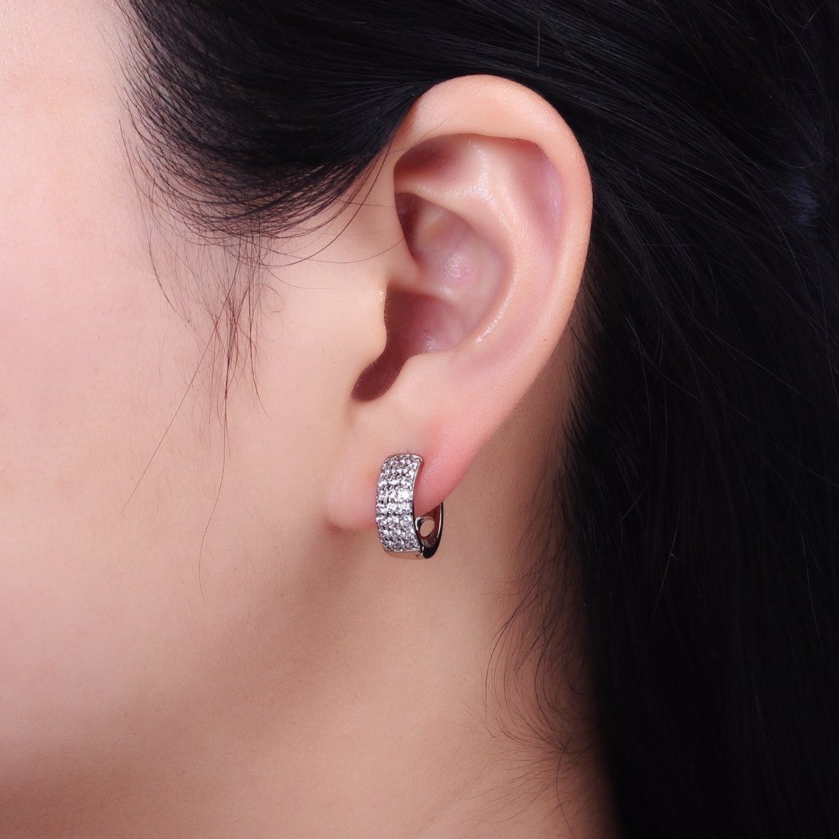Thick Pave CZ Huggie Hoops in Silver, Chunky CZ Diamond Hoops AB783