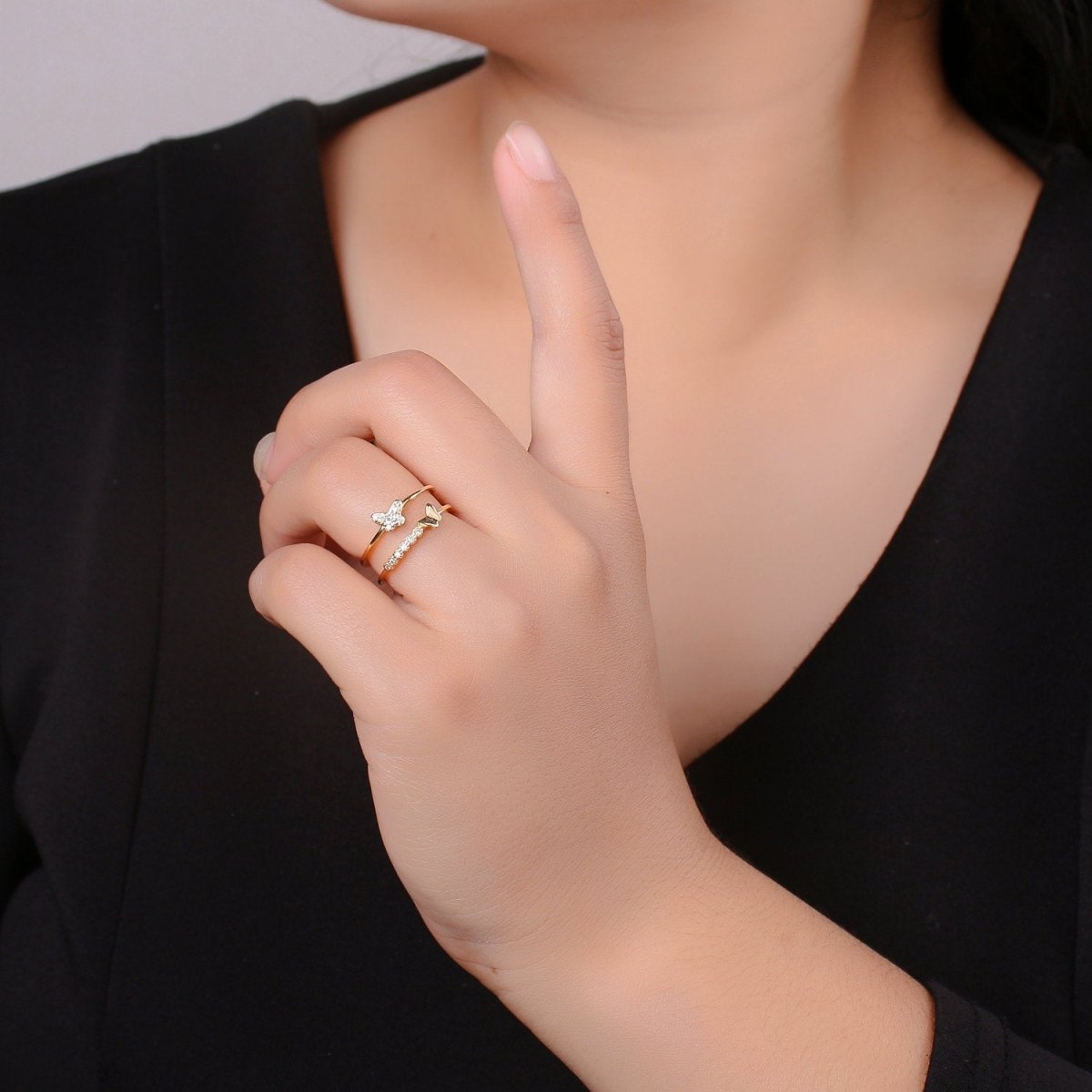 OS Thin gold Vermeil double band ring - Dainty Butterfly Ring Stacking ring - wrap ring for Christmas Gift idea R-149