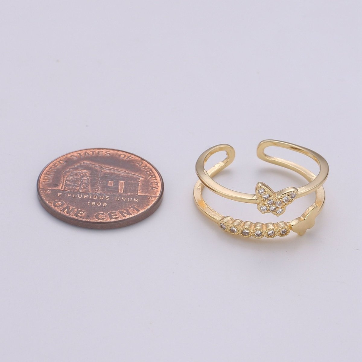 OS Thin gold Vermeil double band ring - Dainty Butterfly Ring Stacking ring - wrap ring for Christmas Gift idea R-149