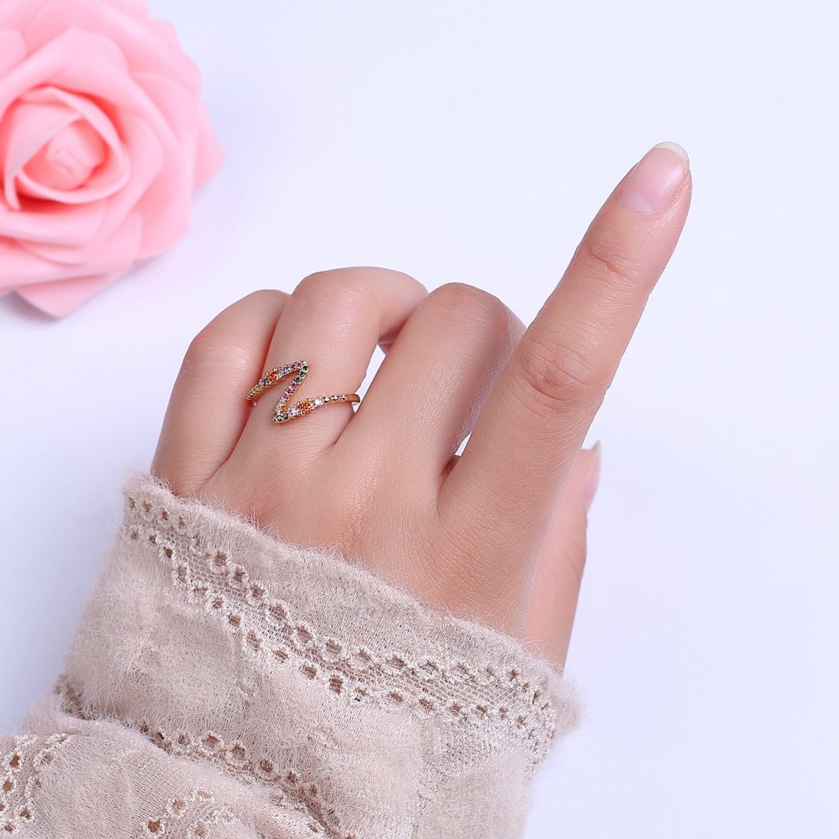 Thunderbolt Ring, Lightning Bolt Ring Cubic Colorful Cubic Zirconia Ring, Nature Inspired Ring, Unique Thunder Lightning Ring S-540