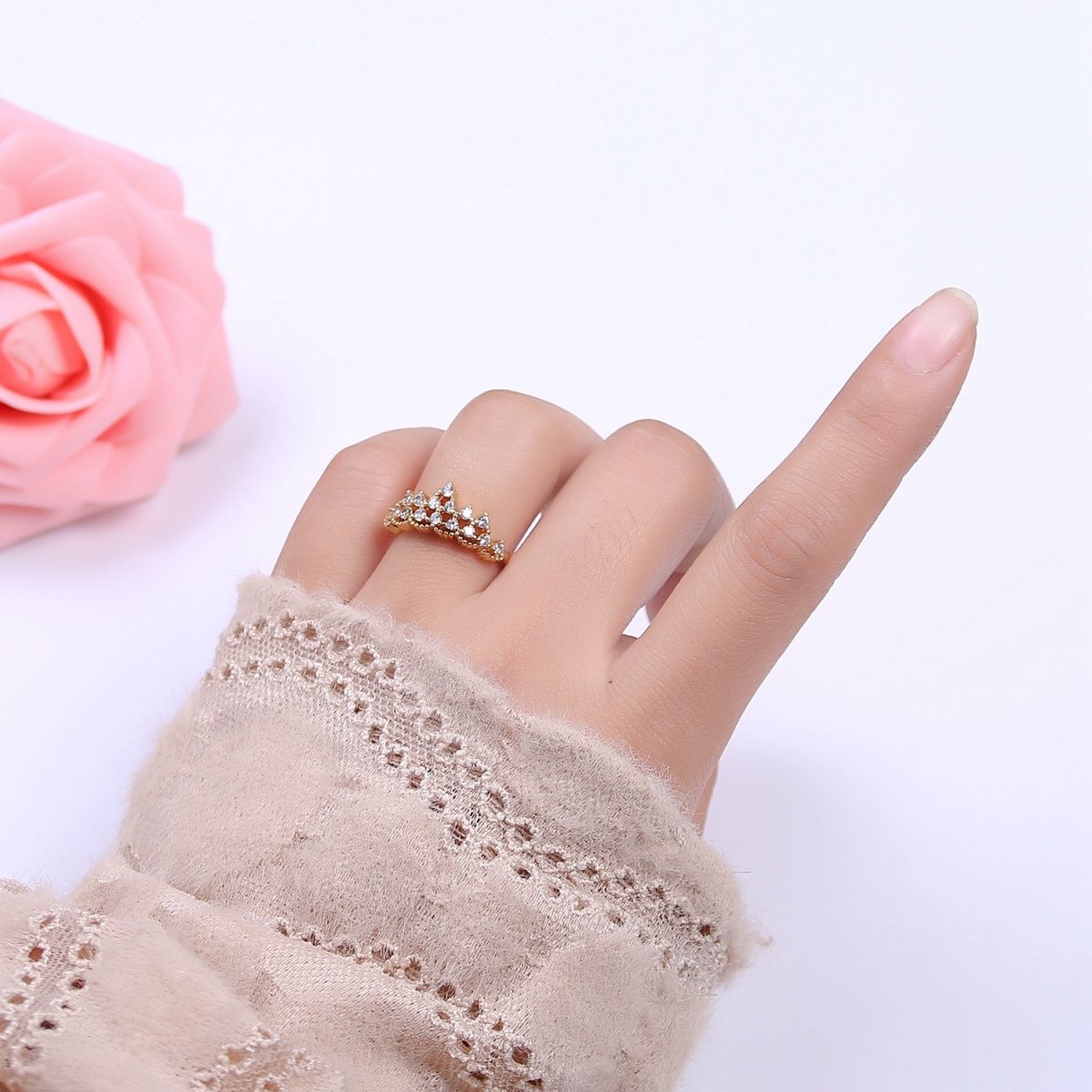 Tiara Crown Crystal Cubic Zirconia CZ Adjustable Ring, 16K Gold Filled Statement Jewelry U-347