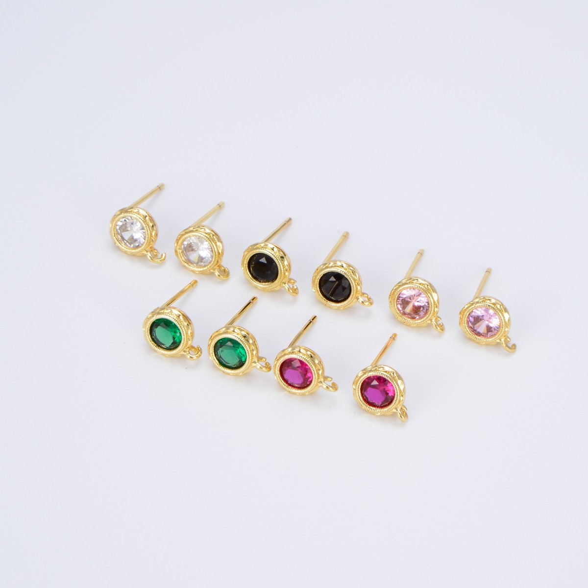 Tiny Cz Cubic Earring Post w/ open link, Nickel free, 15x7.6mm, 14K gold plated brass, CZ, Earring making post 1 pair L-268~L-274 L-323