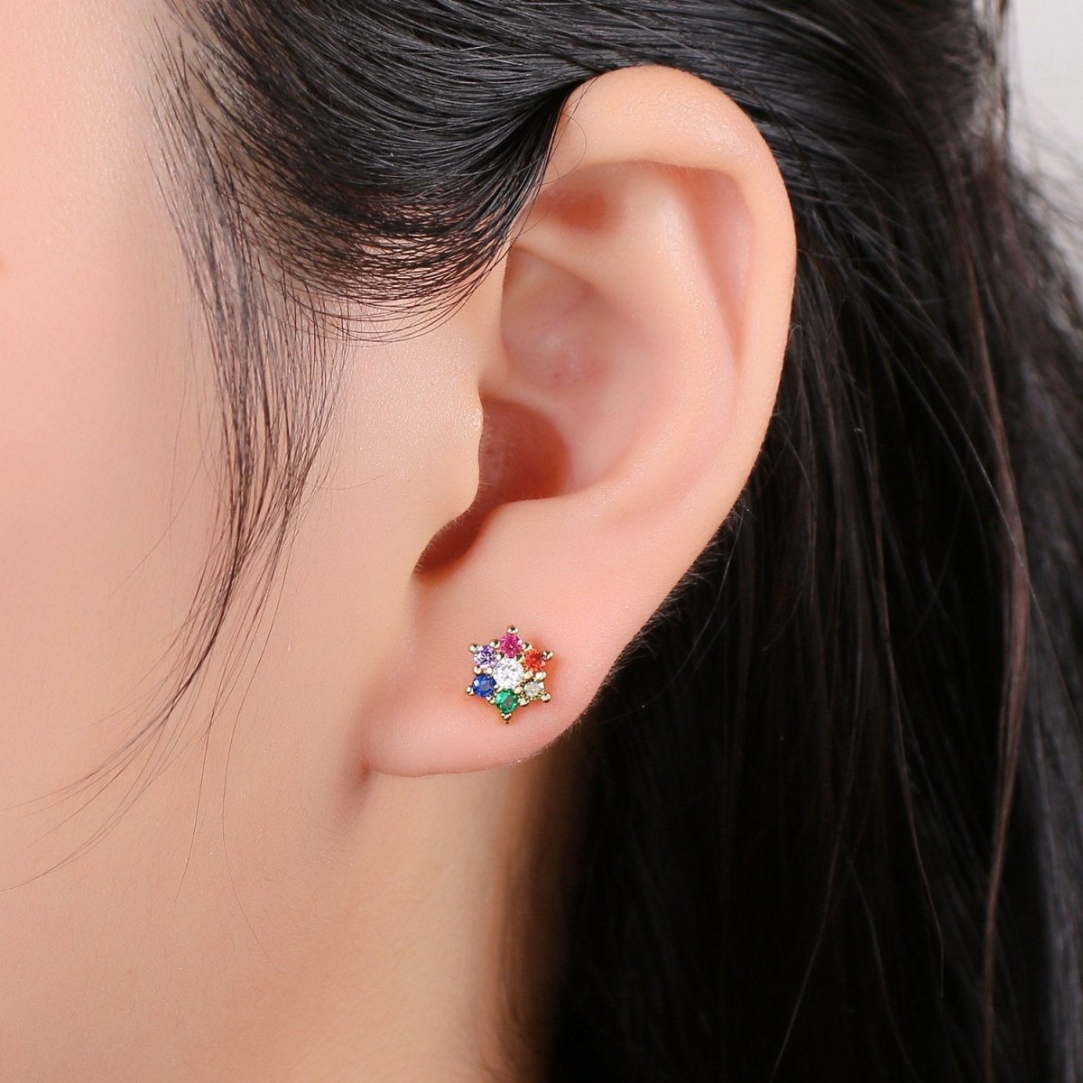 Tiny flower stud earrings, dainty stud earrings, flower stud earrings, star cz stud earrings, diamond cz studs Q-258
